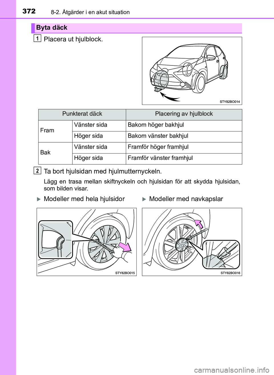 TOYOTA AYGO 2017 Bruksanvisningar (in Swedish) 3728-2. Åtgärder i en akut situation
OM99Q24SE
Placera ut hjulblock.
Ta bort hjulsidan med hjulmutternyckeln.
Lägg en trasa mellan skiftnyckeln och hjulsidan för att skydda hjulsidan,
som bilden v TOYOTA AYGO 2017 Bruksanvisningar (in Swedish) 3728-2. Åtgärder i en akut situation
OM99Q24SE
Placera ut hjulblock.
Ta bort hjulsidan med hjulmutternyckeln.
Lägg en trasa mellan skiftnyckeln och hjulsidan för att skydda hjulsidan,
som bilden v