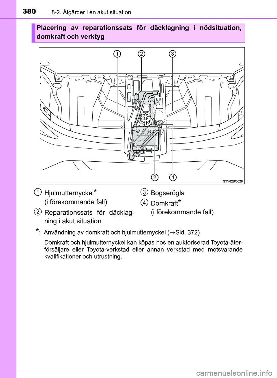 TOYOTA AYGO 2017 Bruksanvisningar (in Swedish) 3808-2. Åtgärder i en akut situation
OM99Q24SE
*: Användning av domkraft och hjulmutternyckel (Sid. 372)
Domkraft och hjulmutternyckel kan köpas hos en auktoriserad Toyota-åter-
försäljare TOYOTA AYGO 2017 Bruksanvisningar (in Swedish) 3808-2. Åtgärder i en akut situation
OM99Q24SE
*: Användning av domkraft och hjulmutternyckel (Sid. 372)
Domkraft och hjulmutternyckel kan köpas hos en auktoriserad Toyota-åter-
försäljare