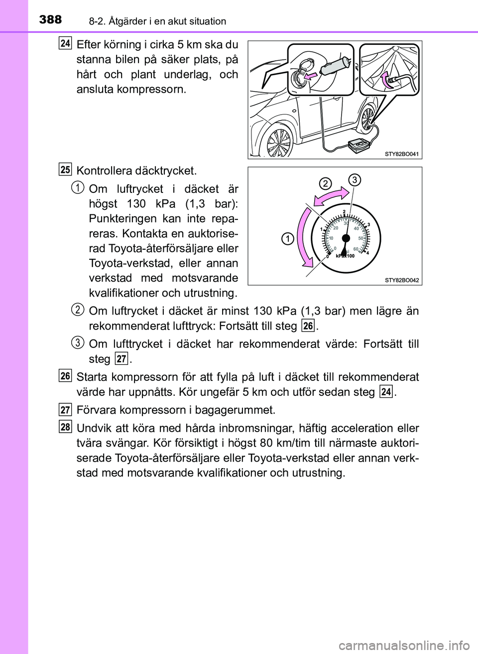 TOYOTA AYGO 2017 Bruksanvisningar (in Swedish) 3888-2. Åtgärder i en akut situation
OM99Q24SE
Efter körning i cirka 5 km ska du
stanna bilen på säker plats, på
hårt och plant underlag, och
ansluta kompressorn.
Kontrollera däcktrycket.
Om l TOYOTA AYGO 2017 Bruksanvisningar (in Swedish) 3888-2. Åtgärder i en akut situation
OM99Q24SE
Efter körning i cirka 5 km ska du
stanna bilen på säker plats, på
hårt och plant underlag, och
ansluta kompressorn.
Kontrollera däcktrycket.
Om l