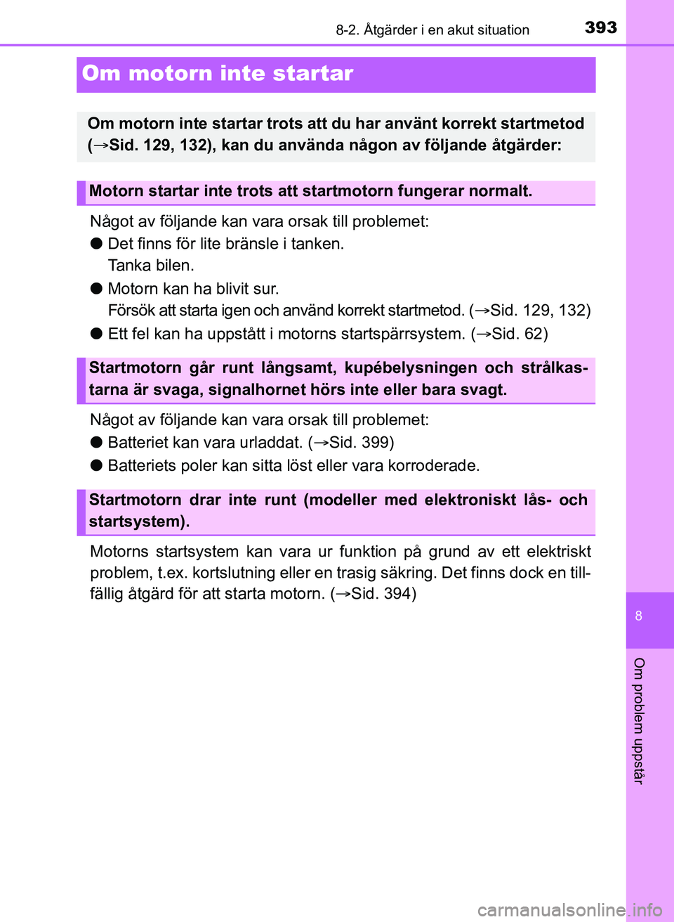 TOYOTA AYGO 2017 Bruksanvisningar (in Swedish) 3938-2. Åtgärder i en akut situation
8
Om problem uppstår
OM99Q24SE
Om motorn inte startar
Något av följande kan vara orsak till problemet:
l Det finns för lite bränsle i tanken.
Tanka bilen.
TOYOTA AYGO 2017 Bruksanvisningar (in Swedish) 3938-2. Åtgärder i en akut situation
8
Om problem uppstår
OM99Q24SE
Om motorn inte startar
Något av följande kan vara orsak till problemet:
l Det finns för lite bränsle i tanken.
Tanka bilen.