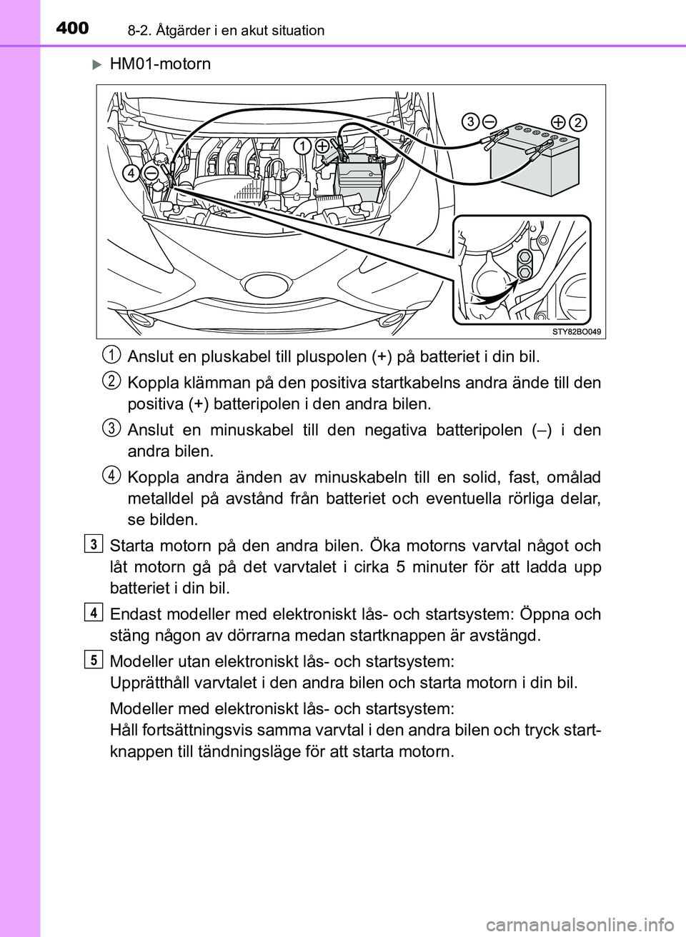 TOYOTA AYGO 2017 Bruksanvisningar (in Swedish) 4008-2. Åtgärder i en akut situation
OM99Q24SE
HM01-motornAnslut en pluskabel till pluspolen (+) på batteriet i din bil.
Koppla klämman på den positiva startkabelns andra ände till den
posit TOYOTA AYGO 2017 Bruksanvisningar (in Swedish) 4008-2. Åtgärder i en akut situation
OM99Q24SE
HM01-motornAnslut en pluskabel till pluspolen (+) på batteriet i din bil.
Koppla klämman på den positiva startkabelns andra ände till den
posit