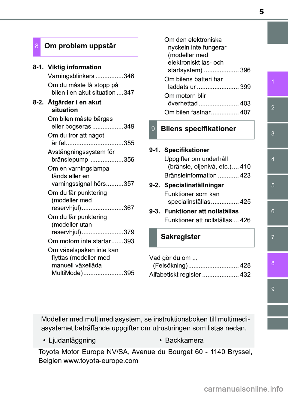 TOYOTA AYGO 2017 Bruksanvisningar (in Swedish) 5
1
7
8 6 5
4
3
2
9
OM99Q24SE8-1. Viktig information
Varningsblinkers ................346
Om du måste få stopp på bilen i en akut situation ....347
8-2. Åtgärder i en akut situation
Om bilen må TOYOTA AYGO 2017 Bruksanvisningar (in Swedish) 5
1
7
8 6 5
4
3
2
9
OM99Q24SE8-1. Viktig information
Varningsblinkers ................346
Om du måste få stopp på bilen i en akut situation ....347
8-2. Åtgärder i en akut situation
Om bilen må