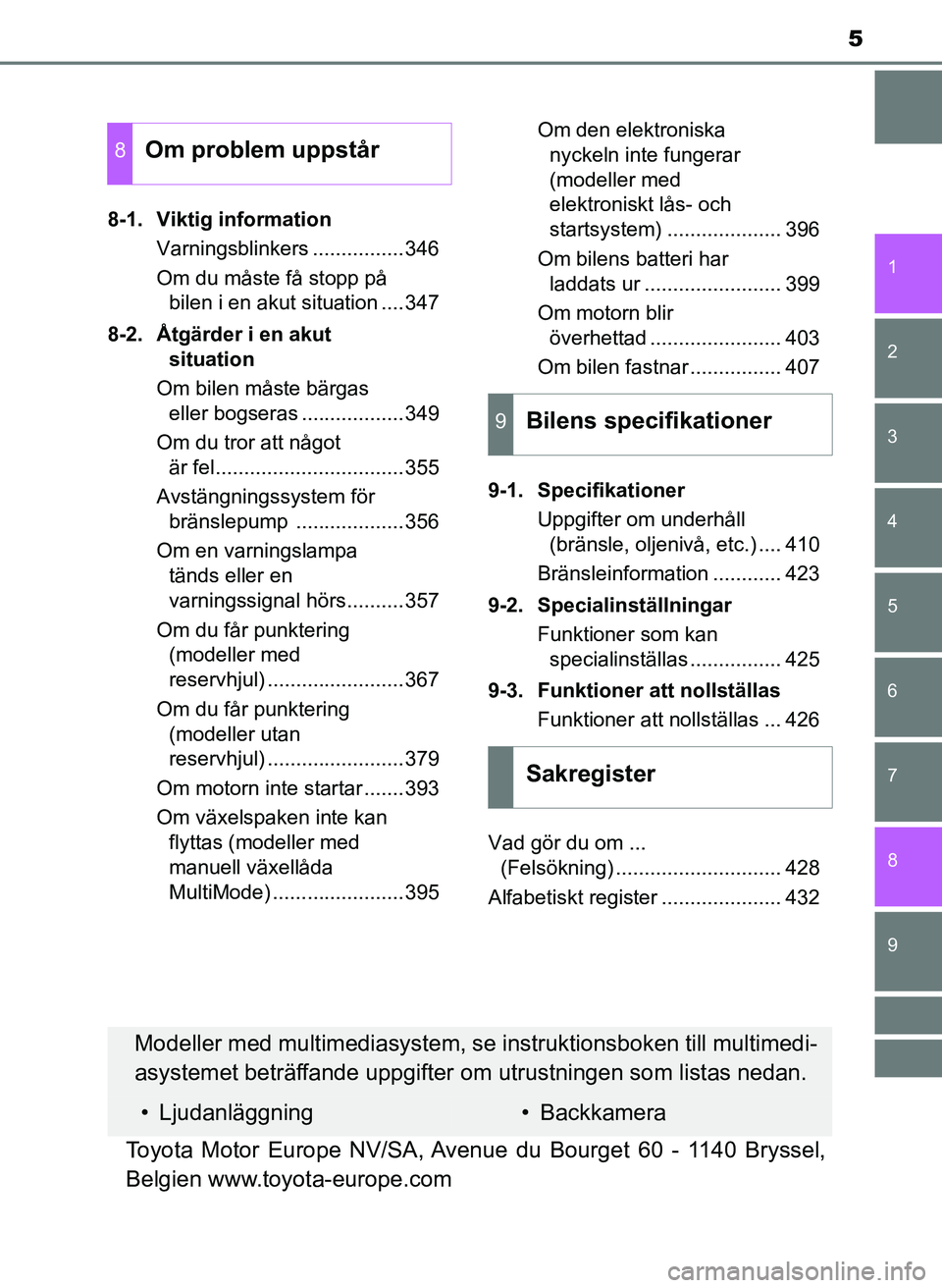 TOYOTA AYGO 2017  Bruksanvisningar (in Swedish) 5
1
7
8 6 5
4
3
2
9
OM99Q24SE8-1. Viktig information
Varningsblinkers ................346
Om du måste få stopp på bilen i en akut situation ....347
8-2. Åtgärder i en akut  situation
Om bilen må