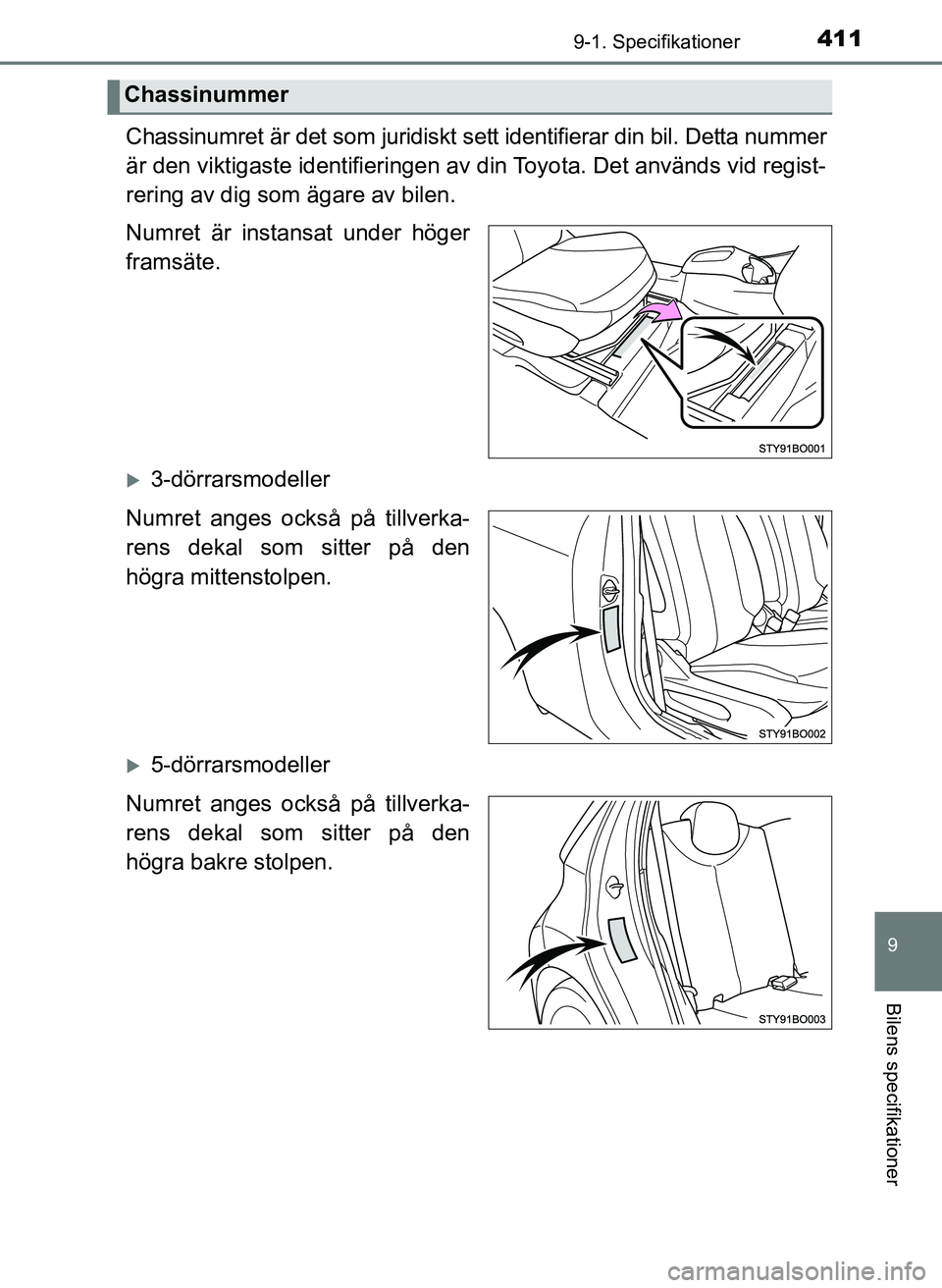 TOYOTA AYGO 2017 Bruksanvisningar (in Swedish) 4119-1. Specifikationer
9
Bilens specifikationer
OM99Q24SE
Chassinumret är det som juridiskt sett identifierar din bil. Detta nummer
är den viktigaste identifieringen av din Toyota. Det används vid TOYOTA AYGO 2017 Bruksanvisningar (in Swedish) 4119-1. Specifikationer
9
Bilens specifikationer
OM99Q24SE
Chassinumret är det som juridiskt sett identifierar din bil. Detta nummer
är den viktigaste identifieringen av din Toyota. Det används vid