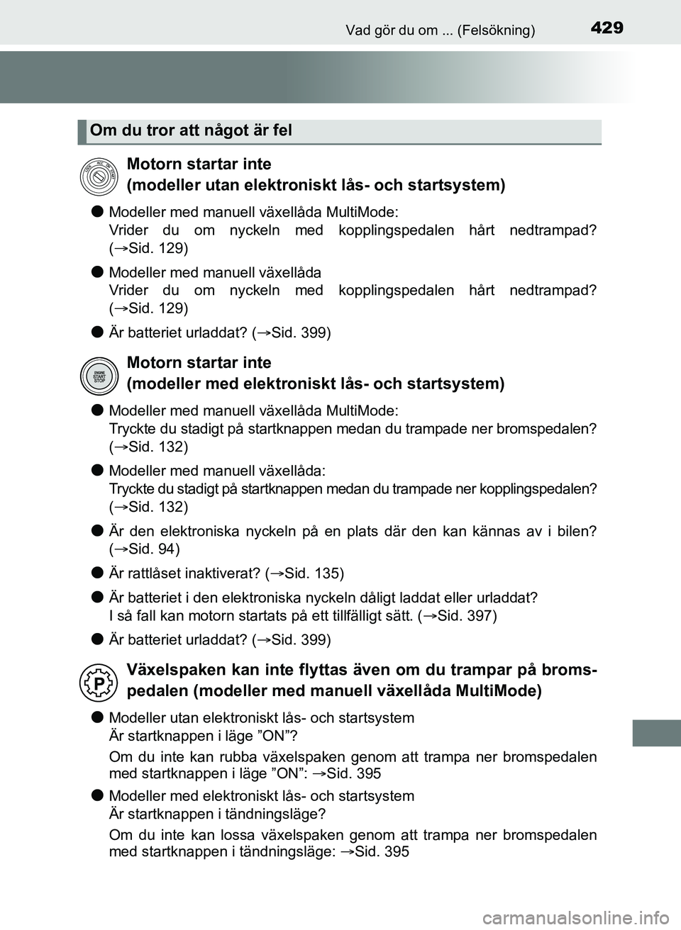 TOYOTA AYGO 2017 Bruksanvisningar (in Swedish) 429Vad gör du om ... (Felsökning)
OM99Q24SE
lModeller med manuell växellåda MultiMode:
Vrider du om nyckeln med kopplingspedalen hårt nedtrampad?
(Sid. 129)
lModeller med manuell växellåda
TOYOTA AYGO 2017 Bruksanvisningar (in Swedish) 429Vad gör du om ... (Felsökning)
OM99Q24SE
lModeller med manuell växellåda MultiMode:
Vrider du om nyckeln med kopplingspedalen hårt nedtrampad?
(Sid. 129)
lModeller med manuell växellåda