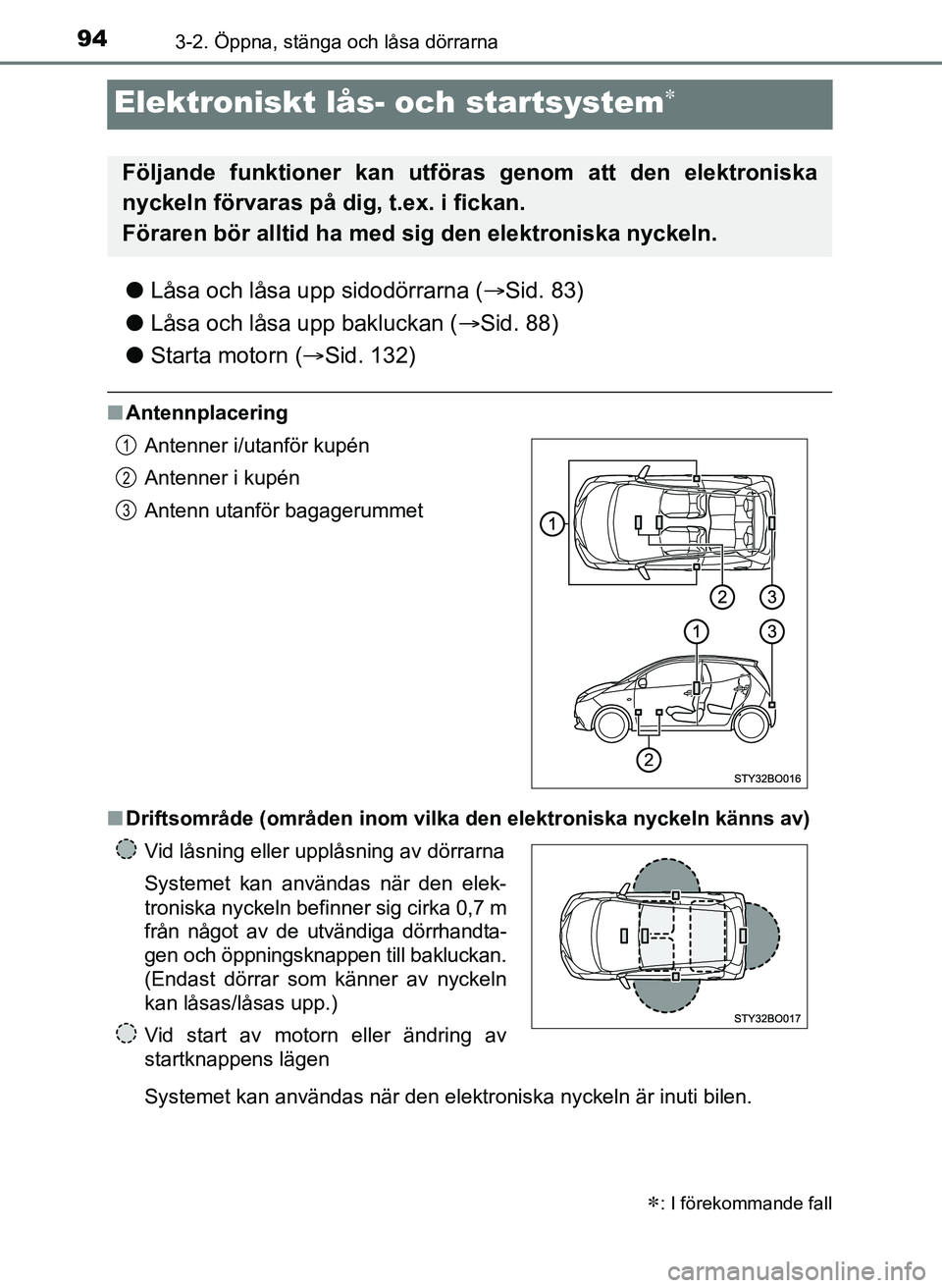 TOYOTA AYGO 2017 Bruksanvisningar (in Swedish) 943-2. Öppna, stänga och låsa dörrarna
OM99Q24SE
Elektroniskt lås- och startsystem
lLåsa och låsa upp sidodörrarna ( Sid. 83)
l Låsa och låsa upp bakluckan ( Sid. 88)
l Starta motor TOYOTA AYGO 2017 Bruksanvisningar (in Swedish) 943-2. Öppna, stänga och låsa dörrarna
OM99Q24SE
Elektroniskt lås- och startsystem
lLåsa och låsa upp sidodörrarna ( Sid. 83)
l Låsa och låsa upp bakluckan ( Sid. 88)
l Starta motor