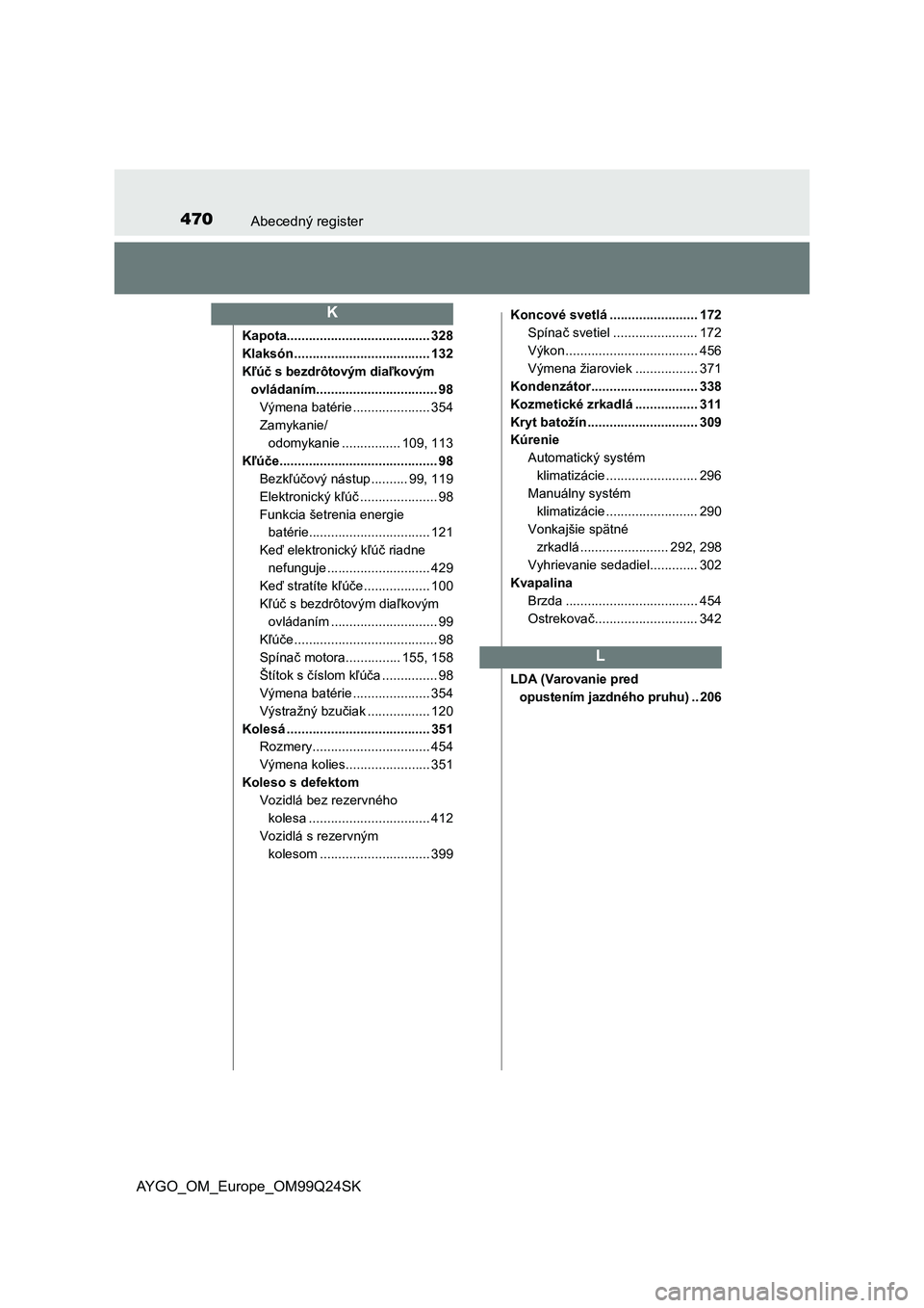 TOYOTA AYGO 2017 Návod na použitie (in Slovakian) 470Abecedný register
AYGO_OM_Europe_OM99Q24SK
Kapota....................................... 328
Klaksón ..................................... 132
Kľúč s bezdrôtovým diaľkovým
ovládaním.... TOYOTA AYGO 2017 Návod na použitie (in Slovakian) 470Abecedný register
AYGO_OM_Europe_OM99Q24SK
Kapota....................................... 328
Klaksón ..................................... 132
Kľúč s bezdrôtovým diaľkovým
ovládaním....