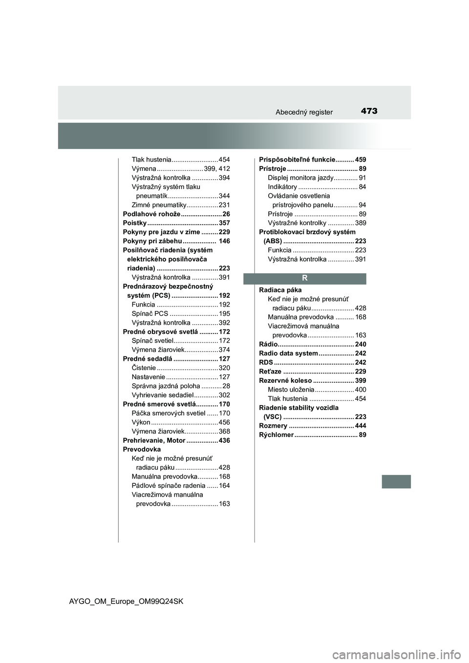 TOYOTA AYGO 2017  Návod na použitie (in Slovakian) 473Abecedný register
AYGO_OM_Europe_OM99Q24SK
Tlak hustenia......................... 454
Výmena ......................... 399, 412
Výstražná kontrolka .............. 394
Výstražný systém tlak