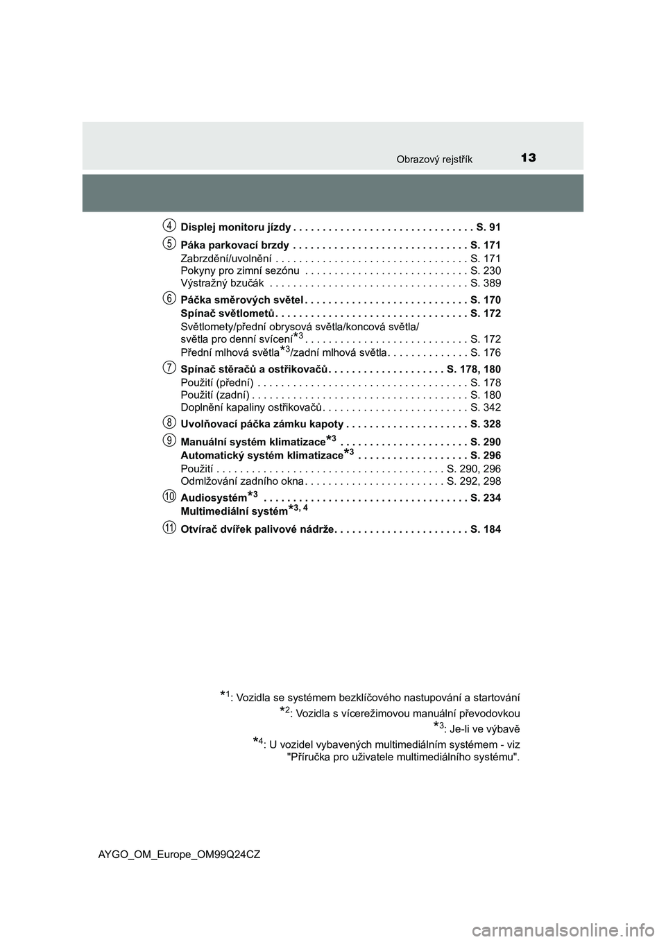 TOYOTA AYGO 2017  Návod na použití (in Czech) 13Obrazový rejstřík
AYGO_OM_Europe_OM99Q24CZDisplej monitoru jízdy . . . . . . . . . . . . . . . . . . . . . . . . . . . . . . . S. 91
Páka parkovací brzdy  . . . . . . . . . . . . . . . . . . .
