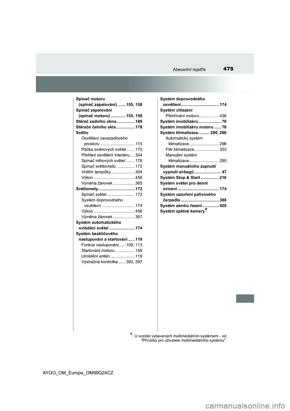 TOYOTA AYGO 2017 Návod na použití (in Czech) 475Abecední rejstřík
AYGO_OM_Europe_OM99Q24CZ
Spínač motoru
(spínač zapalování) ....... 155, 158
Spínač zapalování
(spínač motoru) ............. 155, 158
Stěrač zadního okna ....... TOYOTA AYGO 2017 Návod na použití (in Czech) 475Abecední rejstřík
AYGO_OM_Europe_OM99Q24CZ
Spínač motoru
(spínač zapalování) ....... 155, 158
Spínač zapalování
(spínač motoru) ............. 155, 158
Stěrač zadního okna .......
