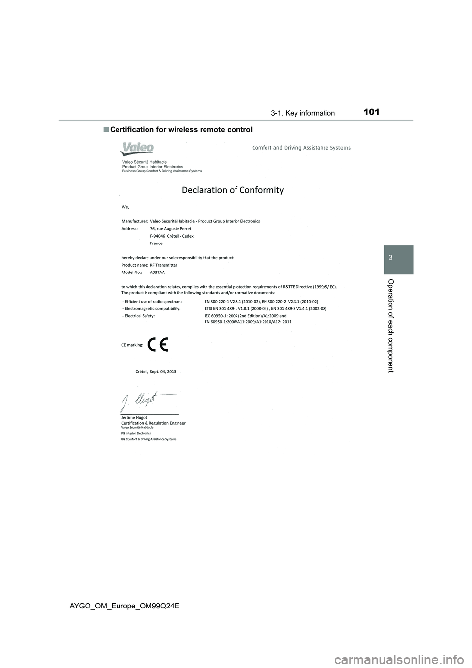 TOYOTA AYGO 2017  Owners Manual (in English) 1013-1. Key information
3
Operation of each component
AYGO_OM_Europe_OM99Q24E 
■ Certification for wireless remote control 
