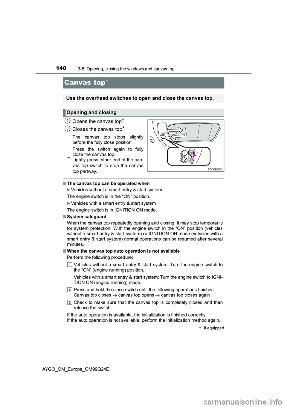 TOYOTA AYGO 2017 Owners Manual (in English) 1403-5. Opening, closing the windows and canvas top
AYGO_OM_Europe_OM99Q24E
Canvas top
Opens the canvas top*
Closes the canvas top*
The canvas top stops slightly
before the fully close position. TOYOTA AYGO 2017 Owners Manual (in English) 1403-5. Opening, closing the windows and canvas top
AYGO_OM_Europe_OM99Q24E
Canvas top
Opens the canvas top*
Closes the canvas top*
The canvas top stops slightly
before the fully close position.