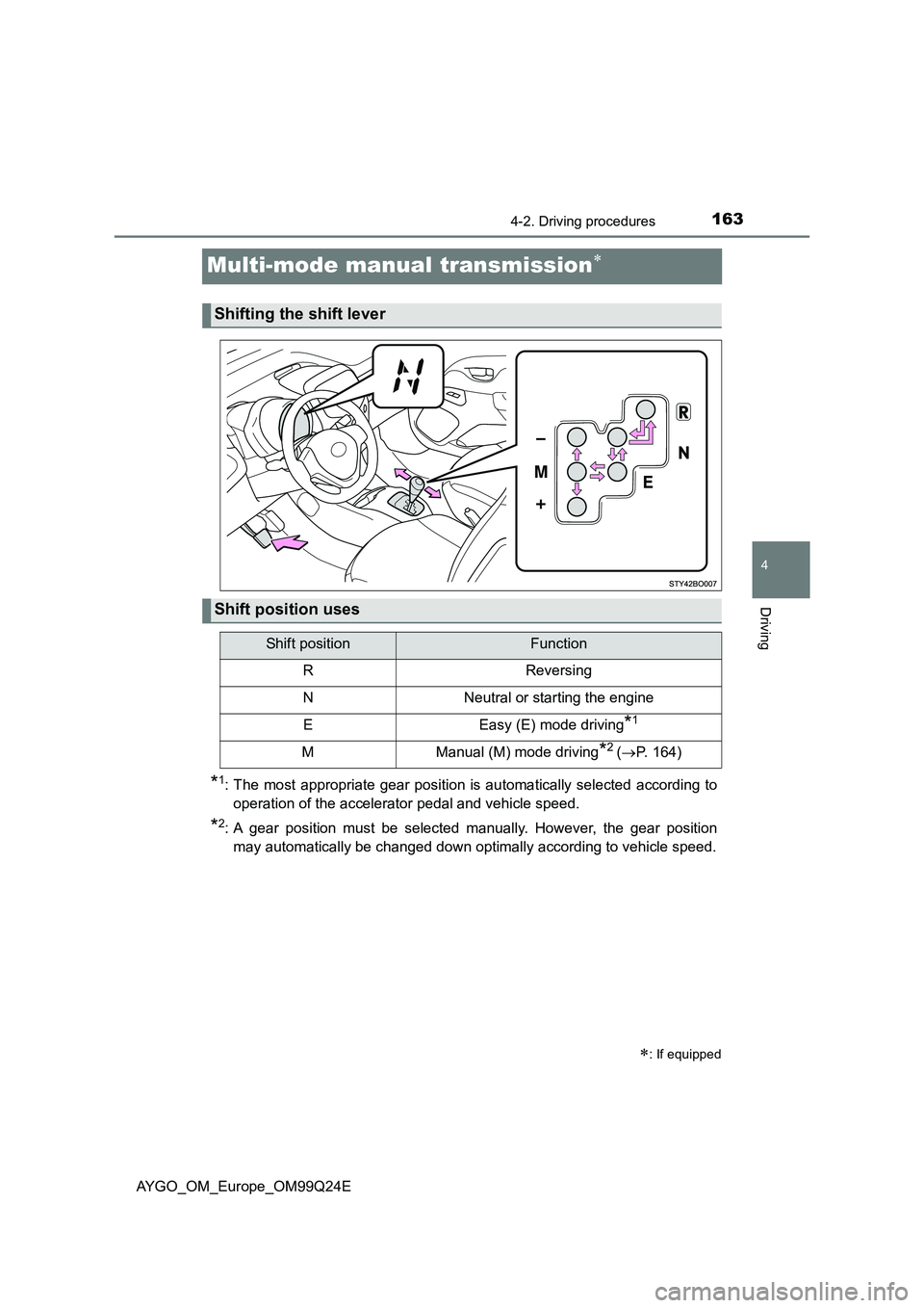 TOYOTA AYGO 2017 Owners Manual (in English) 163
4
4-2. Driving procedures
Driving
AYGO_OM_Europe_OM99Q24E
Multi-mode manual transmission
*1: The most appropriate gear position is automatically selected according to
operation of the accelera TOYOTA AYGO 2017 Owners Manual (in English) 163
4
4-2. Driving procedures
Driving
AYGO_OM_Europe_OM99Q24E
Multi-mode manual transmission
*1: The most appropriate gear position is automatically selected according to
operation of the accelera
