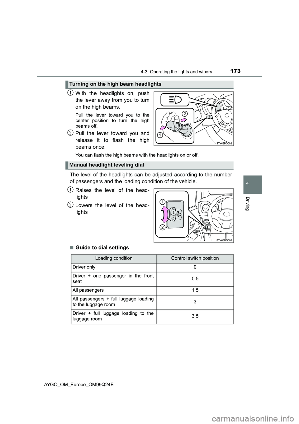 TOYOTA AYGO 2017 Owners Manual (in English) 1734-3. Operating the lights and wipers
4
Driving
AYGO_OM_Europe_OM99Q24E
With the headlights on, push
the lever away from you to turn
on the high beams.
Pull the lever toward you to the
center po TOYOTA AYGO 2017 Owners Manual (in English) 1734-3. Operating the lights and wipers
4
Driving
AYGO_OM_Europe_OM99Q24E
With the headlights on, push
the lever away from you to turn
on the high beams.
Pull the lever toward you to the
center po