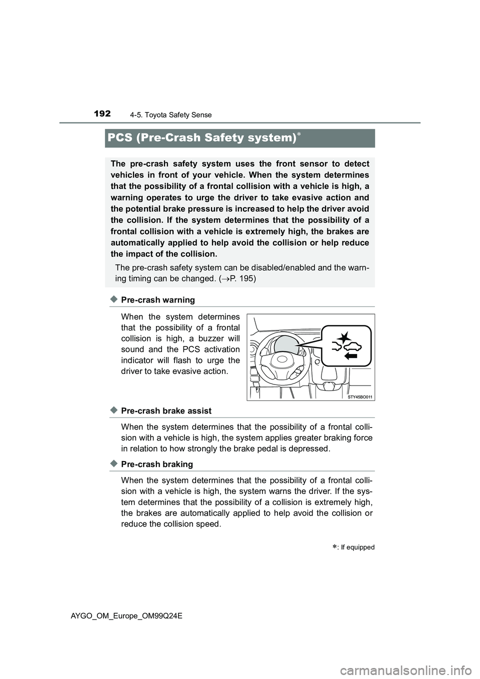 TOYOTA AYGO 2017 Owners Manual (in English) 1924-5. Toyota Safety Sense
AYGO_OM_Europe_OM99Q24E
PCS (Pre-Crash Safety system)
◆Pre-crash warning
When the system determines
that the possibility of a frontal
collision is high, a buzzer wi TOYOTA AYGO 2017 Owners Manual (in English) 1924-5. Toyota Safety Sense
AYGO_OM_Europe_OM99Q24E
PCS (Pre-Crash Safety system)
◆Pre-crash warning
When the system determines
that the possibility of a frontal
collision is high, a buzzer wi