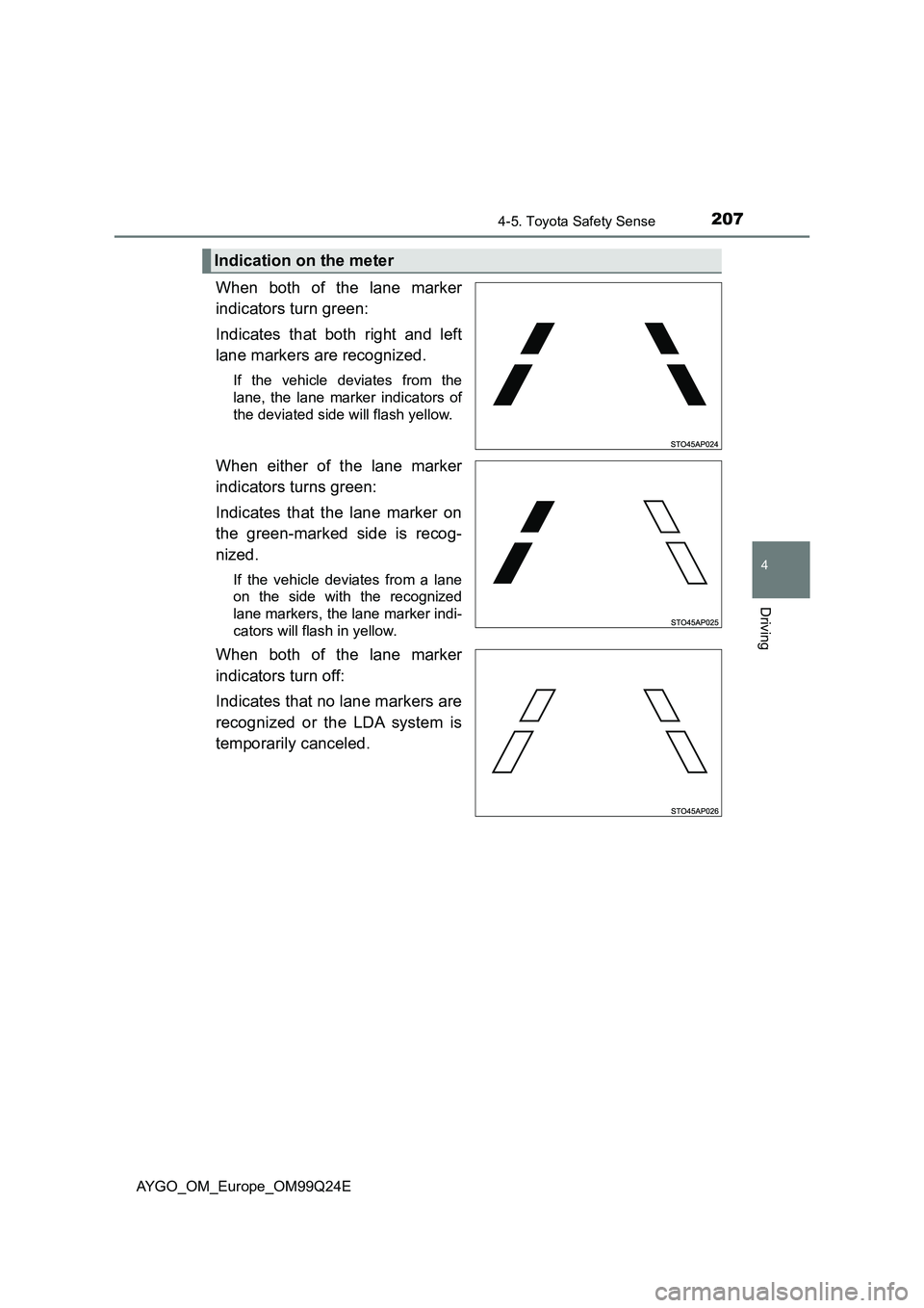 TOYOTA AYGO 2017 Owners Manual (in English) 2074-5. Toyota Safety Sense
4
Driving
AYGO_OM_Europe_OM99Q24E
When both of the lane marker
indicators turn green:
Indicates that both right and left
lane markers are recognized.
If the vehicle dev TOYOTA AYGO 2017 Owners Manual (in English) 2074-5. Toyota Safety Sense
4
Driving
AYGO_OM_Europe_OM99Q24E
When both of the lane marker
indicators turn green:
Indicates that both right and left
lane markers are recognized.
If the vehicle dev