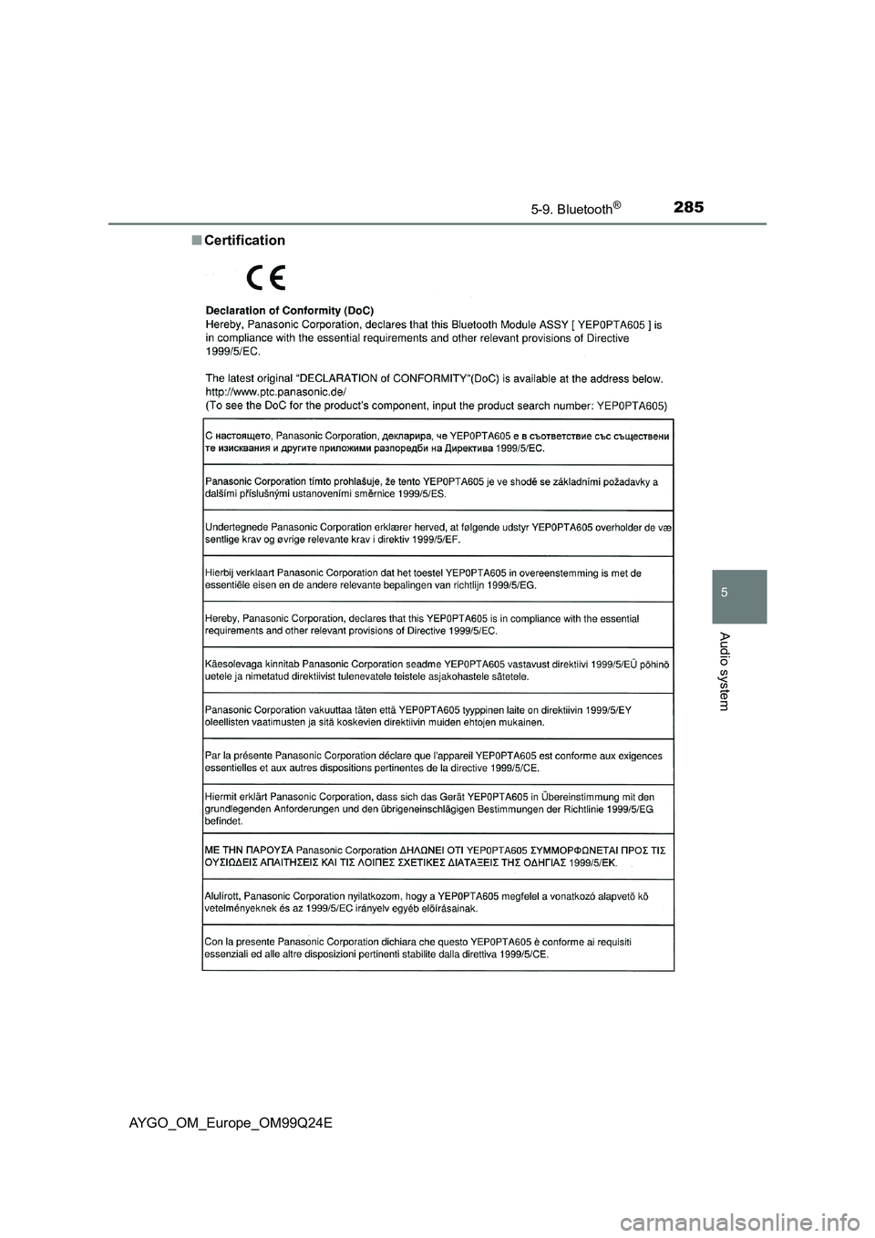 TOYOTA AYGO 2017  Owners Manual (in English) 2855-9. Bluetooth®
5
Audio system
AYGO_OM_Europe_OM99Q24E 
■ Certification 