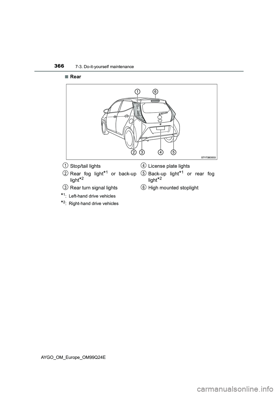 TOYOTA AYGO 2017  Owners Manual (in English) 3667-3. Do-it-yourself maintenance
AYGO_OM_Europe_OM99Q24E 
■Rear
*1: Left-hand drive vehicles
*2: Right-hand drive vehicles
Stop/tail lights 
Rear fog light*1 or back-up 
light*2
Rear turn signal l