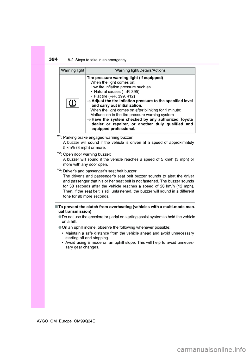 TOYOTA AYGO 2017 Owners Manual (in English) 3948-2. Steps to take in an emergency
AYGO_OM_Europe_OM99Q24E
*1: Parking brake engaged warning buzzer:
A buzzer will sound if the vehicle is driven at a speed of approximately
5 km/h (3 mph) or mor TOYOTA AYGO 2017 Owners Manual (in English) 3948-2. Steps to take in an emergency
AYGO_OM_Europe_OM99Q24E
*1: Parking brake engaged warning buzzer:
A buzzer will sound if the vehicle is driven at a speed of approximately
5 km/h (3 mph) or mor