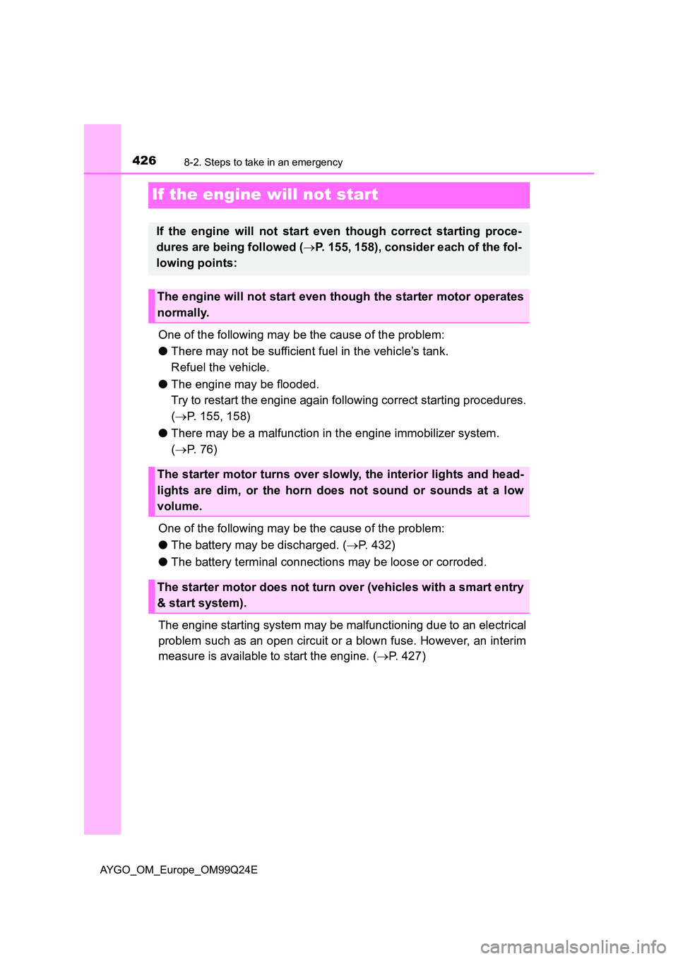 TOYOTA AYGO 2017 Owners Manual (in English) 4268-2. Steps to take in an emergency
AYGO_OM_Europe_OM99Q24E
If the engine will not start
One of the following may be the cause of the problem:
● There may not be sufficient fuel in the vehicle’ TOYOTA AYGO 2017 Owners Manual (in English) 4268-2. Steps to take in an emergency
AYGO_OM_Europe_OM99Q24E
If the engine will not start
One of the following may be the cause of the problem:
● There may not be sufficient fuel in the vehicle’