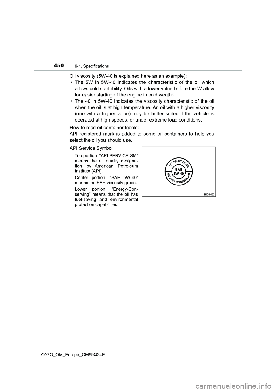 TOYOTA AYGO 2017 Owners Manual (in English) 4509-1. Specifications
AYGO_OM_Europe_OM99Q24E
Oil viscosity (5W-40 is explained here as an example):
• The 5W in 5W-40 indicates the characteristic of the oil which
allows cold startability. Oils TOYOTA AYGO 2017 Owners Manual (in English) 4509-1. Specifications
AYGO_OM_Europe_OM99Q24E
Oil viscosity (5W-40 is explained here as an example):
• The 5W in 5W-40 indicates the characteristic of the oil which
allows cold startability. Oils