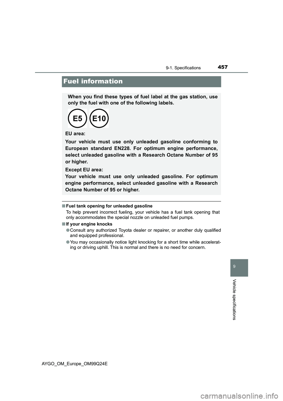 TOYOTA AYGO 2017 Owners Manual (in English) 4579-1. Specifications
9
Vehicle specifications
AYGO_OM_Europe_OM99Q24E
Fuel information
■Fuel tank opening for unleaded gasoline
To help prevent incorrect fueling, your vehicle has a fuel tank ope TOYOTA AYGO 2017 Owners Manual (in English) 4579-1. Specifications
9
Vehicle specifications
AYGO_OM_Europe_OM99Q24E
Fuel information
■Fuel tank opening for unleaded gasoline
To help prevent incorrect fueling, your vehicle has a fuel tank ope