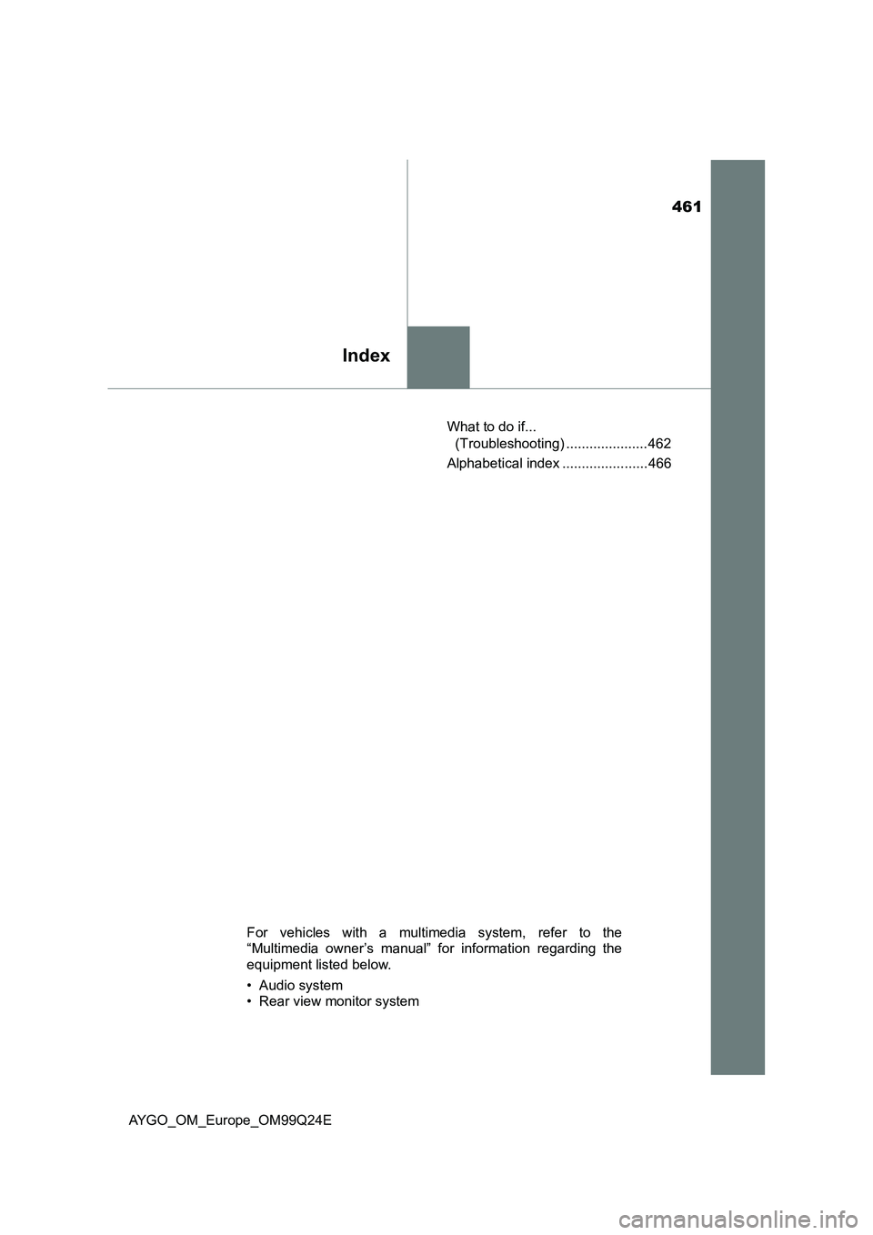 TOYOTA AYGO 2017  Owners Manual (in English) 461
Index
AYGO_OM_Europe_OM99Q24E 
What to do if...  
(Troubleshooting) ..................... 462 
Alphabetical index ...................... 466
For vehicles with a multimedia system, refer to the 
