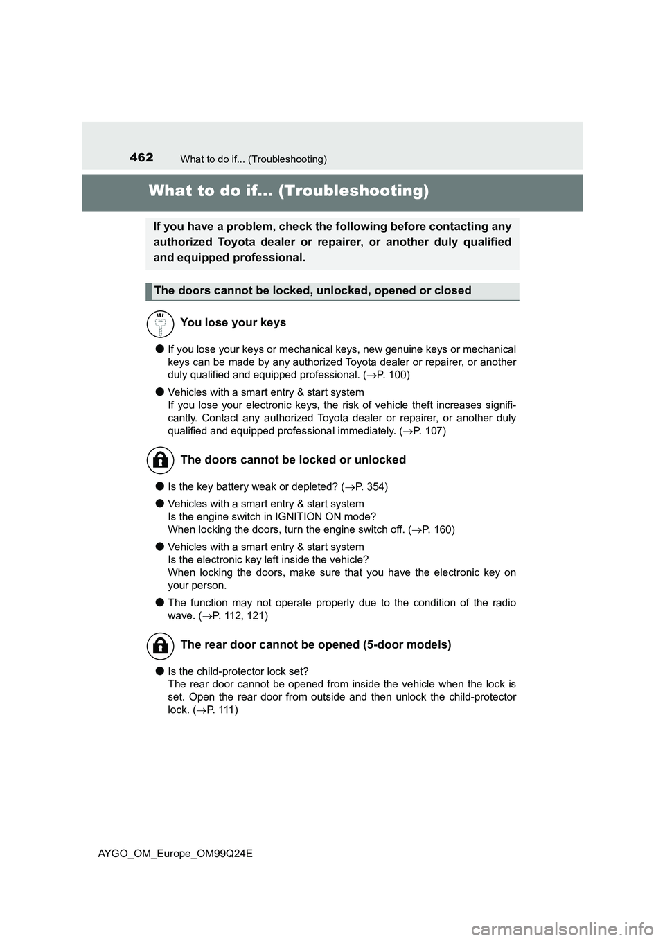 TOYOTA AYGO 2017 (in English) Service Manual 462What to do if... (Troubleshooting)
AYGO_OM_Europe_OM99Q24E
What to do if... (Troubleshooting)
●If you lose your keys or mechanical keys, new genuine keys or mechanical
keys can be made by any au TOYOTA AYGO 2017 (in English) Service Manual 462What to do if... (Troubleshooting)
AYGO_OM_Europe_OM99Q24E
What to do if... (Troubleshooting)
●If you lose your keys or mechanical keys, new genuine keys or mechanical
keys can be made by any au