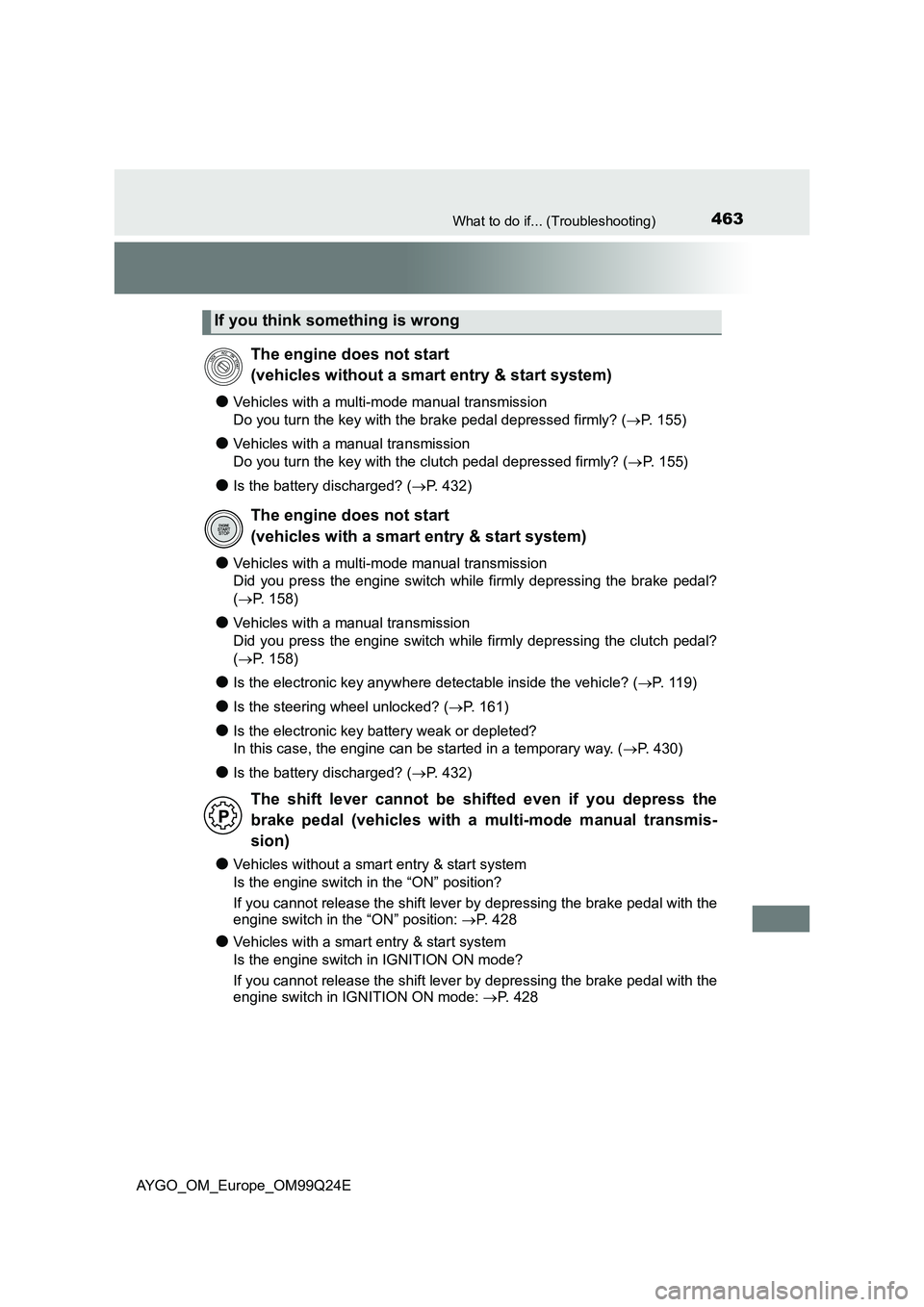 TOYOTA AYGO 2017 Owners Manual (in English) 463What to do if... (Troubleshooting)
AYGO_OM_Europe_OM99Q24E
●Vehicles with a multi-mode manual transmission
Do you turn the key with the brake pedal depressed firmly? ( P. 155)
●Vehicles wit TOYOTA AYGO 2017 Owners Manual (in English) 463What to do if... (Troubleshooting)
AYGO_OM_Europe_OM99Q24E
●Vehicles with a multi-mode manual transmission
Do you turn the key with the brake pedal depressed firmly? ( P. 155)
●Vehicles wit