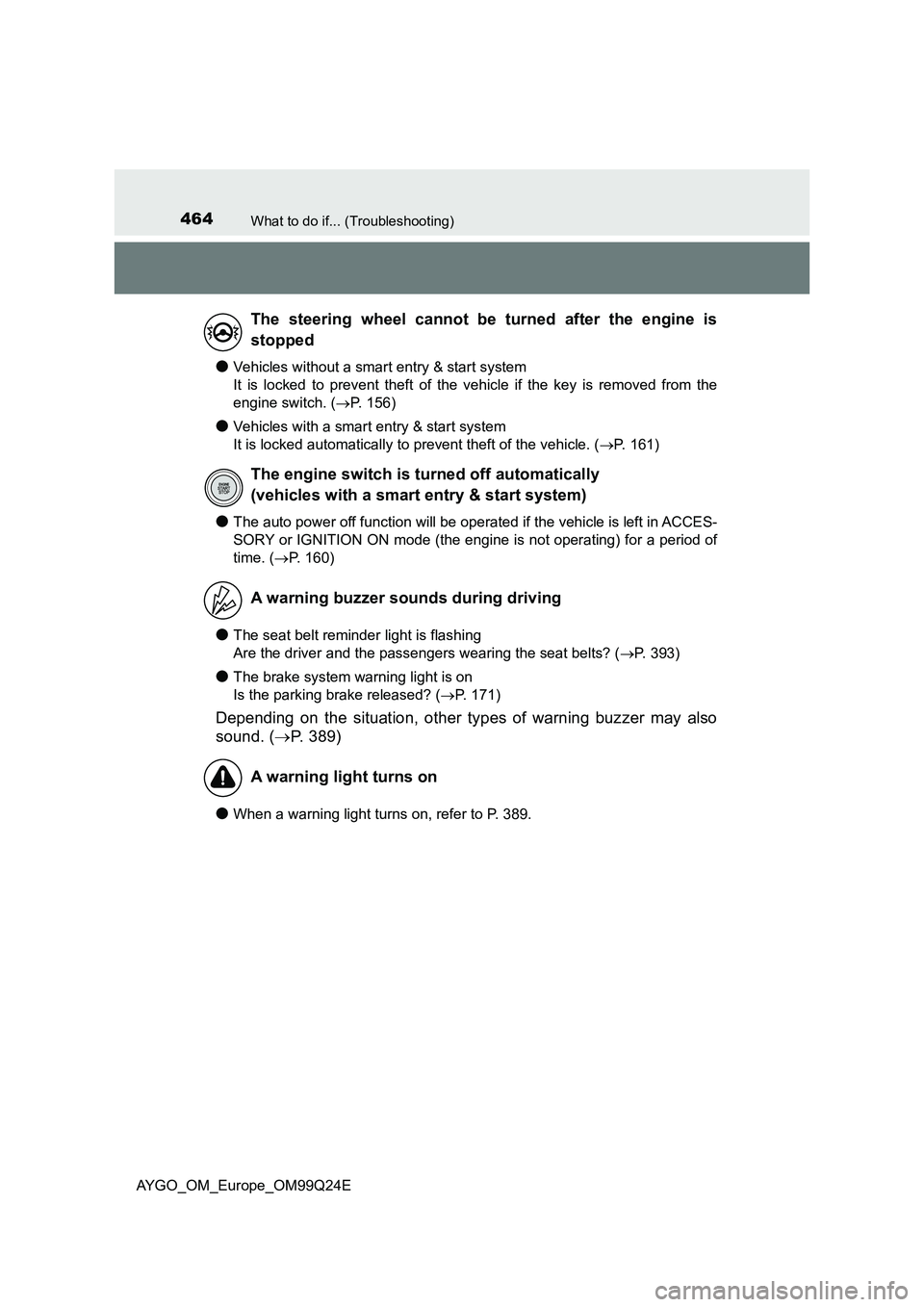 TOYOTA AYGO 2017 (in English) Workshop Manual 464What to do if... (Troubleshooting)
AYGO_OM_Europe_OM99Q24E
●Vehicles without a smart entry & start system
It is locked to prevent theft of the vehicle if the key is removed from the
engine swi TOYOTA AYGO 2017 (in English) Workshop Manual 464What to do if... (Troubleshooting)
AYGO_OM_Europe_OM99Q24E
●Vehicles without a smart entry & start system
It is locked to prevent theft of the vehicle if the key is removed from the
engine swi
