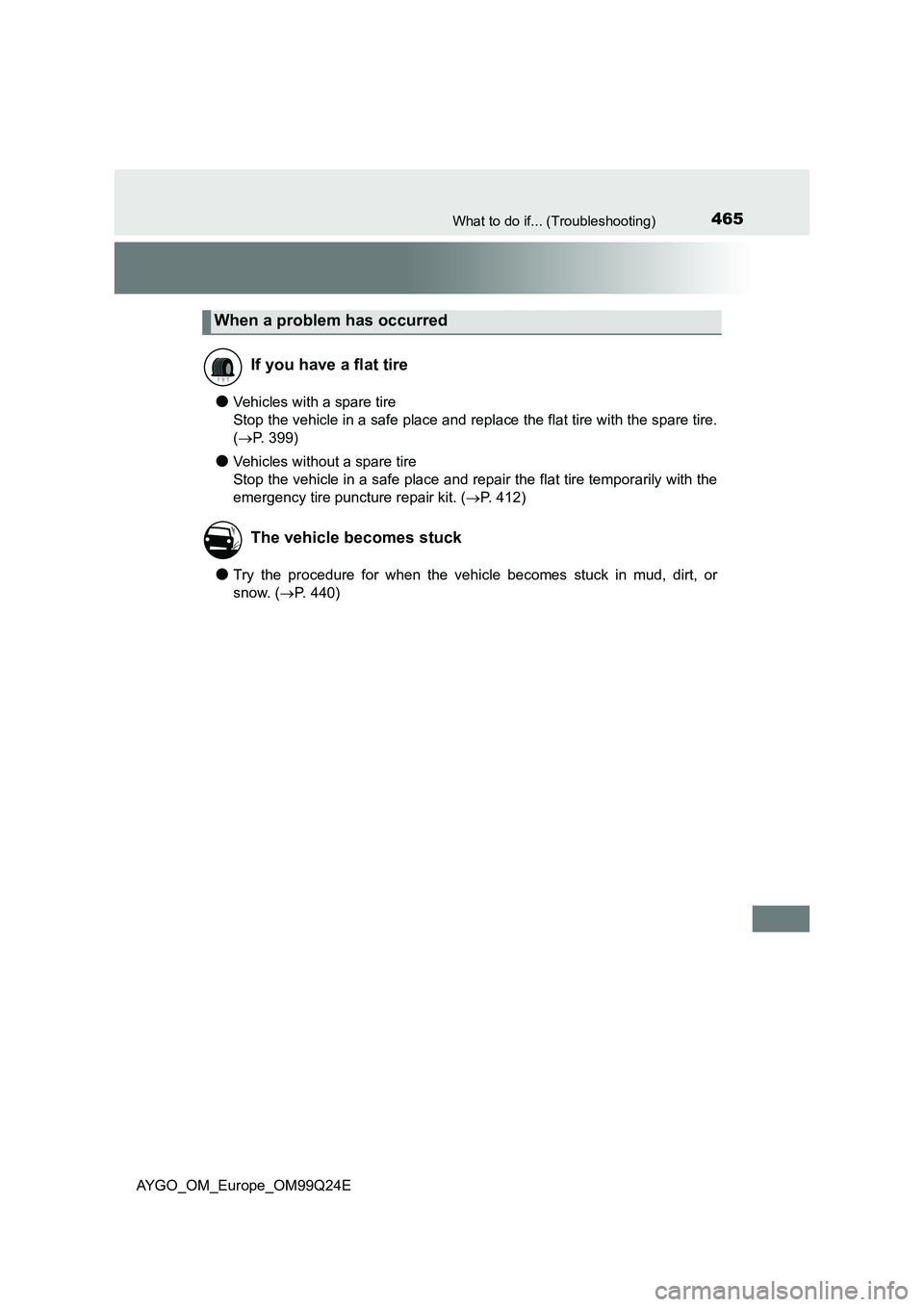 TOYOTA AYGO 2017  Owners Manual (in English) 465What to do if... (Troubleshooting)
AYGO_OM_Europe_OM99Q24E
●Vehicles with a spare tire  
Stop the vehicle in a safe place and replace the flat tire with the spare tire.
( P. 399)
●Vehicles w