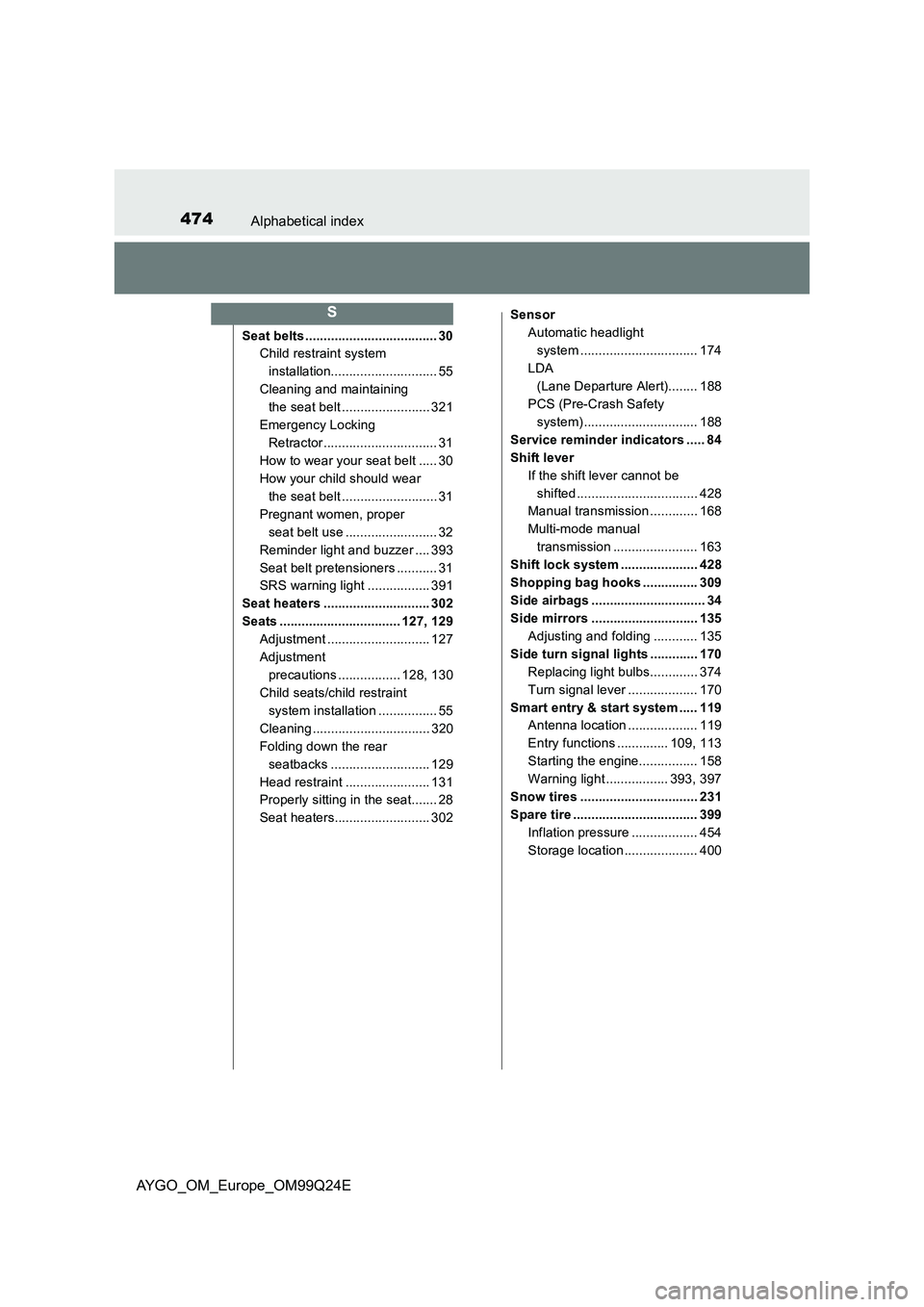 TOYOTA AYGO 2017 Owners Manual (in English) 474Alphabetical index
AYGO_OM_Europe_OM99Q24E
Seat belts .................................... 30
Child restraint system
installation............................. 55
Cleaning and maintaining
the se TOYOTA AYGO 2017 Owners Manual (in English) 474Alphabetical index
AYGO_OM_Europe_OM99Q24E
Seat belts .................................... 30
Child restraint system
installation............................. 55
Cleaning and maintaining
the se