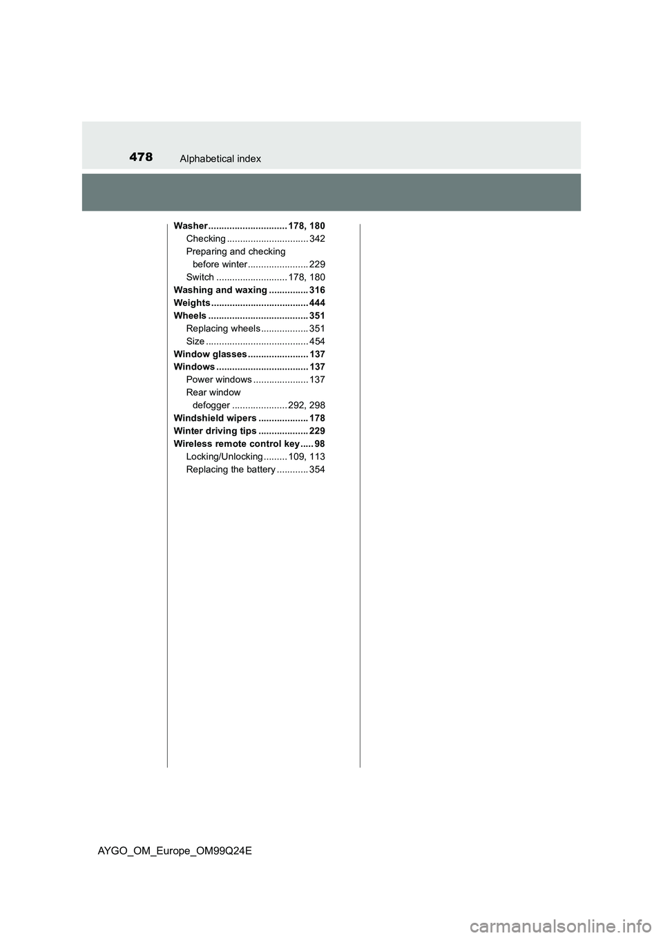 TOYOTA AYGO 2017 Owners Manual (in English) 478Alphabetical index
AYGO_OM_Europe_OM99Q24E
Washer .............................. 178, 180
Checking ............................... 342
Preparing and checking
before winter....................... TOYOTA AYGO 2017 Owners Manual (in English) 478Alphabetical index
AYGO_OM_Europe_OM99Q24E
Washer .............................. 178, 180
Checking ............................... 342
Preparing and checking
before winter.......................