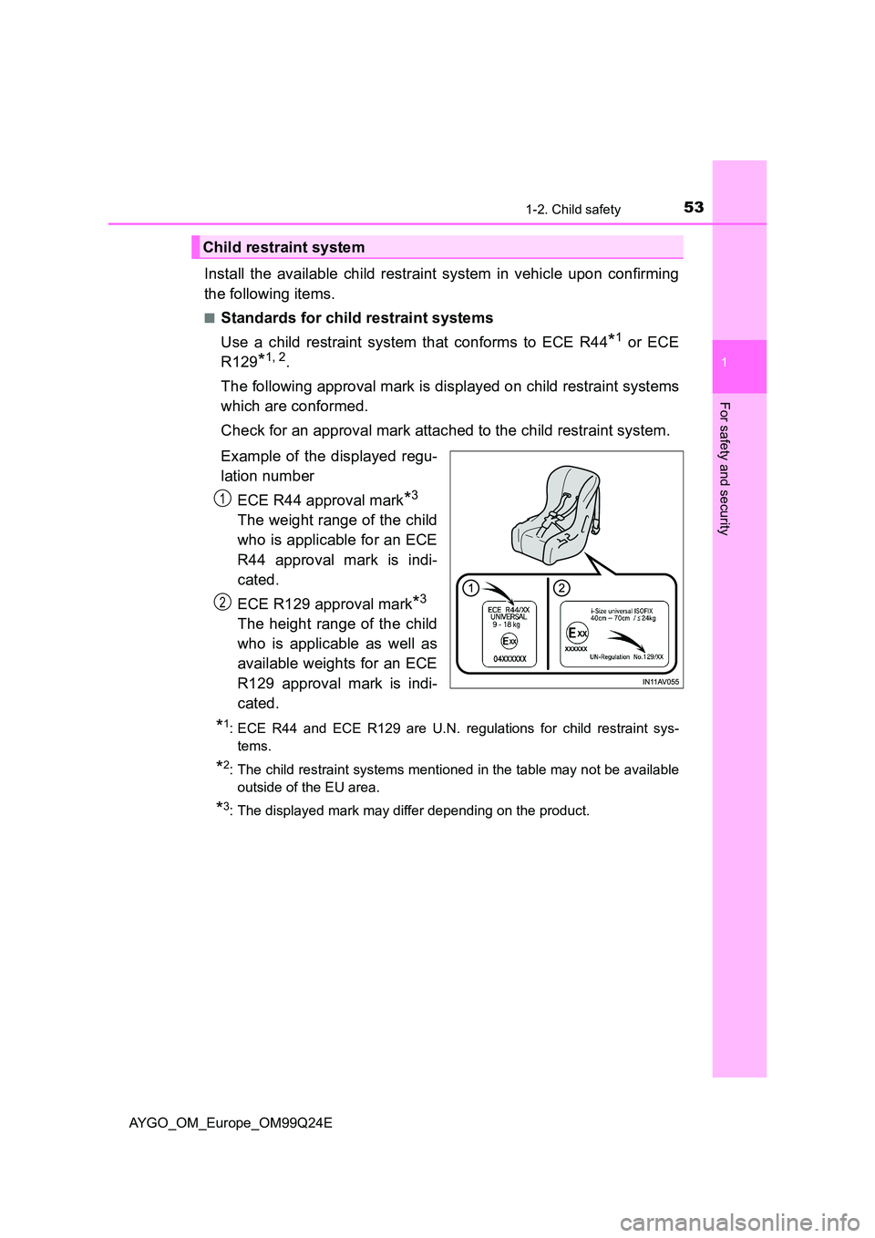 TOYOTA AYGO 2017 (in English) Workshop Manual 531-2. Child safety
1
For safety and security
AYGO_OM_Europe_OM99Q24E
Install the available child restraint system in vehicle upon confirming
the following items.
■Standards for child restraint sys TOYOTA AYGO 2017 (in English) Workshop Manual 531-2. Child safety
1
For safety and security
AYGO_OM_Europe_OM99Q24E
Install the available child restraint system in vehicle upon confirming
the following items.
■Standards for child restraint sys