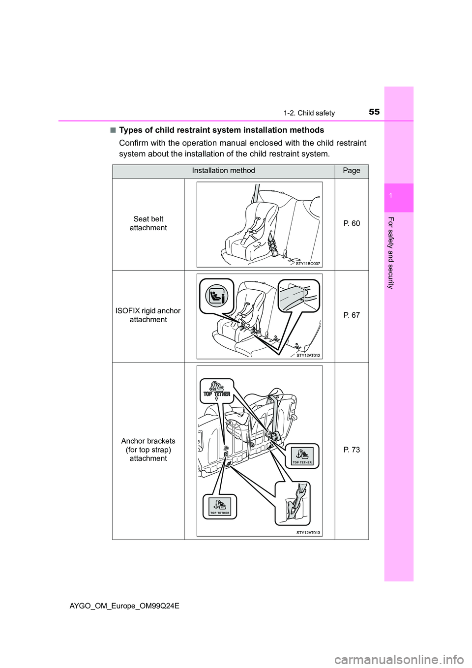 TOYOTA AYGO 2017 (in English) Workshop Manual 551-2. Child safety
1
For safety and security
AYGO_OM_Europe_OM99Q24E
■Types of child restraint system installation methods
Confirm with the operation manual enclosed with the child restraint
sys TOYOTA AYGO 2017 (in English) Workshop Manual 551-2. Child safety
1
For safety and security
AYGO_OM_Europe_OM99Q24E
■Types of child restraint system installation methods
Confirm with the operation manual enclosed with the child restraint
sys