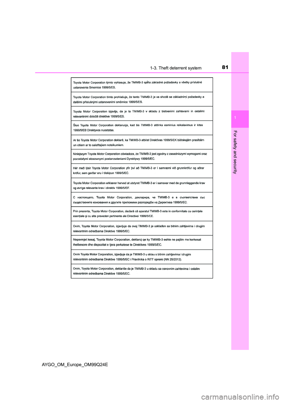 TOYOTA AYGO 2017   (in English) Manual Online 811-3. Theft deterrent system
1
For safety and security
AYGO_OM_Europe_OM99Q24E 