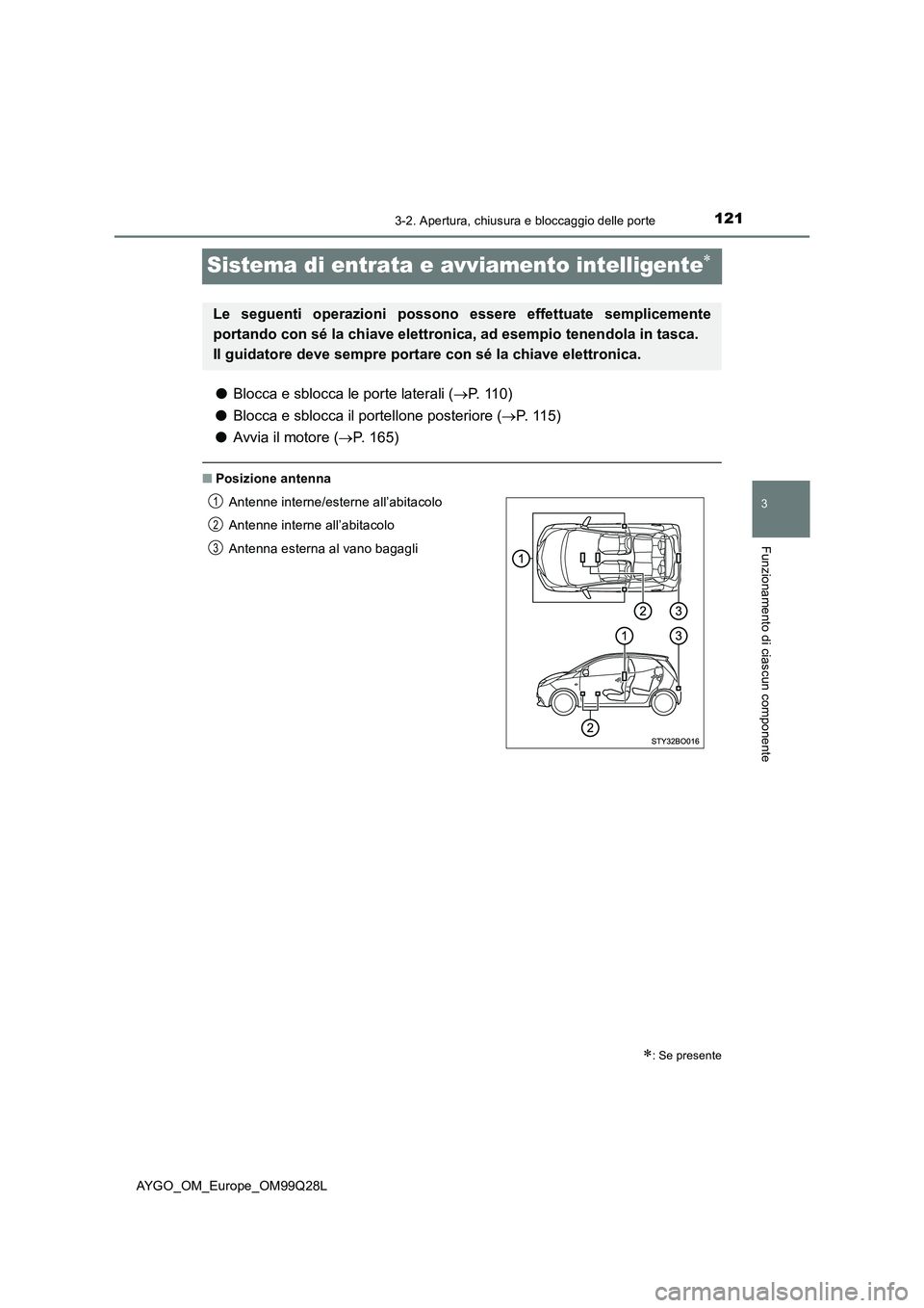 TOYOTA AYGO 2017 Manuale duso (in Italian) 121
3
3-2. Apertura, chiusura e bloccaggio delle porte
Funzionamento di ciascun componente
AYGO_OM_Europe_OM99Q28L
Sistema di entrata e avviamento intelligente
●Blocca e sblocca le porte laterali TOYOTA AYGO 2017 Manuale duso (in Italian) 121
3
3-2. Apertura, chiusura e bloccaggio delle porte
Funzionamento di ciascun componente
AYGO_OM_Europe_OM99Q28L
Sistema di entrata e avviamento intelligente
●Blocca e sblocca le porte laterali