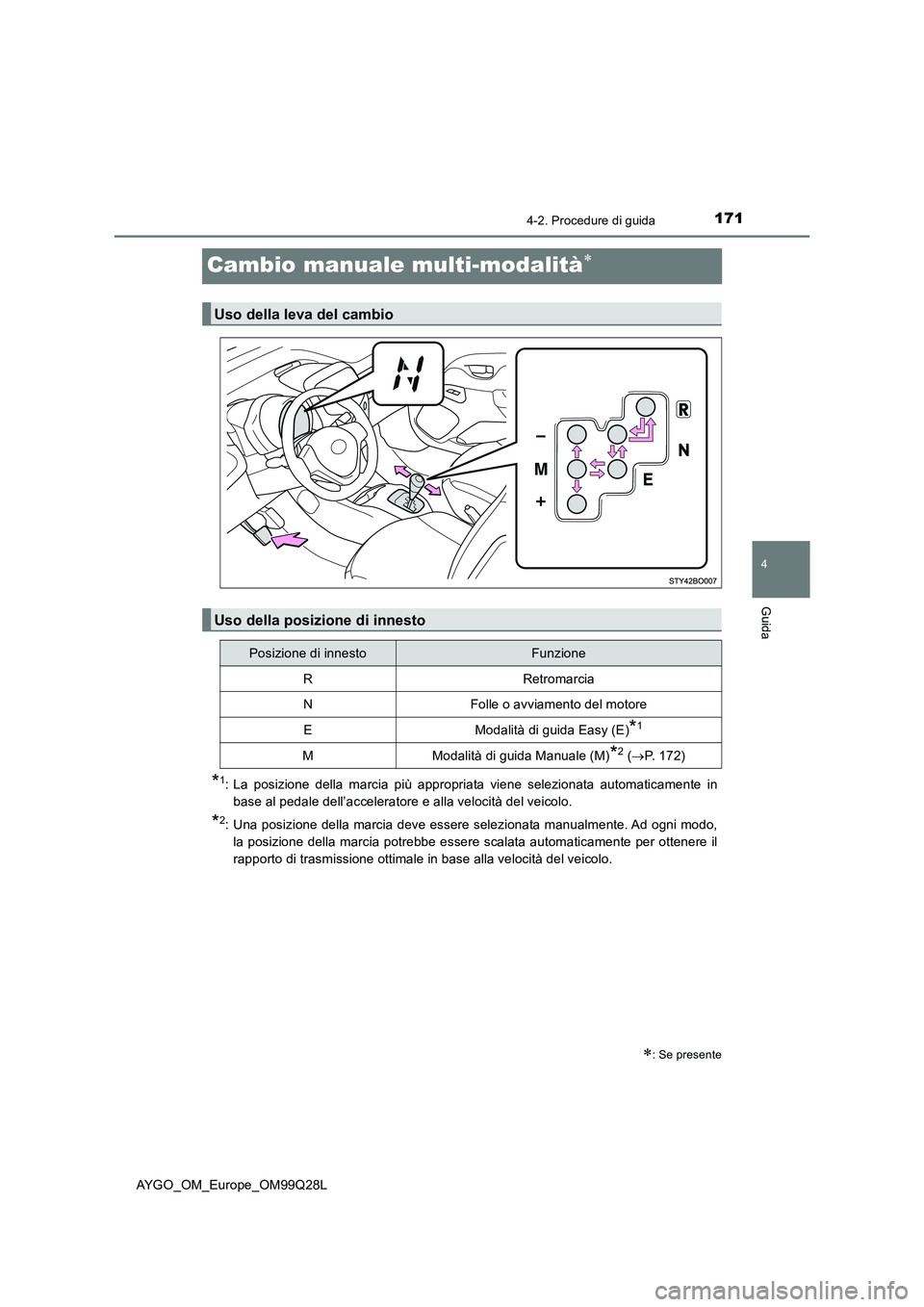 TOYOTA AYGO 2017 Manuale duso (in Italian) 171
4
4-2. Procedure di guida
Guida
AYGO_OM_Europe_OM99Q28L
Cambio manuale multi-modalità
*1: La posizione della marcia più appropriata viene selezionata automaticamente in
base al pedale dell’ TOYOTA AYGO 2017 Manuale duso (in Italian) 171
4
4-2. Procedure di guida
Guida
AYGO_OM_Europe_OM99Q28L
Cambio manuale multi-modalità
*1: La posizione della marcia più appropriata viene selezionata automaticamente in
base al pedale dell’