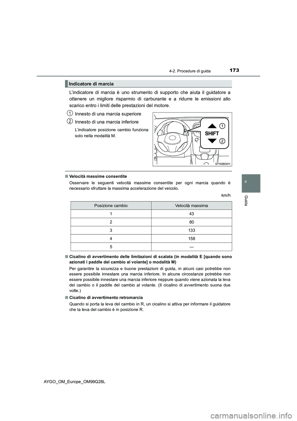 TOYOTA AYGO 2017 Manuale duso (in Italian) 1734-2. Procedure di guida
4
Guida
AYGO_OM_Europe_OM99Q28L
L’indicatore di marcia è uno strumento di supporto che aiuta il guidatore a
ottenere un migliore risparmio di carburante e a ridurre le em TOYOTA AYGO 2017 Manuale duso (in Italian) 1734-2. Procedure di guida
4
Guida
AYGO_OM_Europe_OM99Q28L
L’indicatore di marcia è uno strumento di supporto che aiuta il guidatore a
ottenere un migliore risparmio di carburante e a ridurre le em