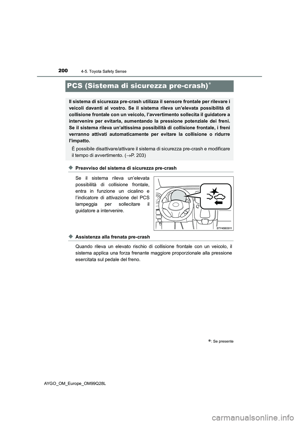 TOYOTA AYGO 2017  Manuale duso (in Italian) 2004-5. Toyota Safety Sense
AYGO_OM_Europe_OM99Q28L
PCS (Sistema di sicurezza pre-crash)
◆Preavviso del sistema di sicurezza pre-crash
Se il sistema rileva un’elevata
possibilità di collisione