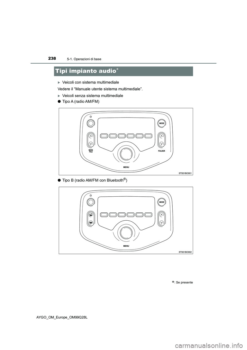 TOYOTA AYGO 2017 Manuale duso (in Italian) 2385-1. Operazioni di base
AYGO_OM_Europe_OM99Q28L
Tipi impianto audio
Veicoli con sistema multimediale
Vedere il “Manuale utente sistema multimediale”.
Veicoli senza sistema multimediale TOYOTA AYGO 2017 Manuale duso (in Italian) 2385-1. Operazioni di base
AYGO_OM_Europe_OM99Q28L
Tipi impianto audio
Veicoli con sistema multimediale
Vedere il “Manuale utente sistema multimediale”.
Veicoli senza sistema multimediale