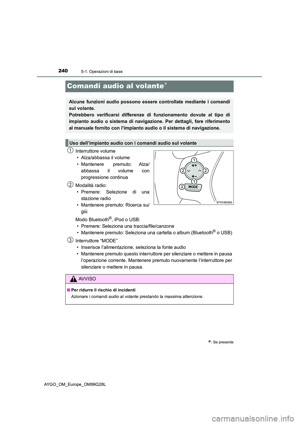 TOYOTA AYGO 2017 Manuale duso (in Italian) 2405-1. Operazioni di base
AYGO_OM_Europe_OM99Q28L
Comandi audio al volante
Interruttore volume
• Alza/abbassa il volume
• Mantenere premuto: Alza/
abbassa il volume con
progressione continu TOYOTA AYGO 2017 Manuale duso (in Italian) 2405-1. Operazioni di base
AYGO_OM_Europe_OM99Q28L
Comandi audio al volante
Interruttore volume
• Alza/abbassa il volume
• Mantenere premuto: Alza/
abbassa il volume con
progressione continu