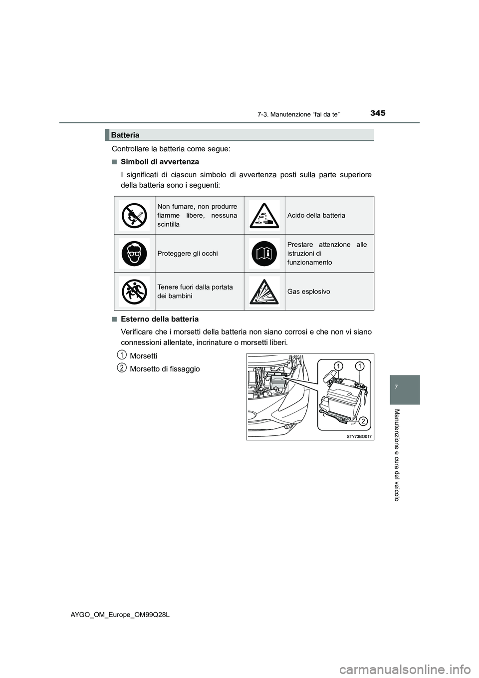 TOYOTA AYGO 2017 Manuale duso (in Italian) 3457-3. Manutenzione “fai da te”
7
Manutenzione e cura del veicolo
AYGO_OM_Europe_OM99Q28L
Controllare la batteria come segue:
■Simboli di avvertenza
I significati di ciascun simbolo di avverte TOYOTA AYGO 2017 Manuale duso (in Italian) 3457-3. Manutenzione “fai da te”
7
Manutenzione e cura del veicolo
AYGO_OM_Europe_OM99Q28L
Controllare la batteria come segue:
■Simboli di avvertenza
I significati di ciascun simbolo di avverte