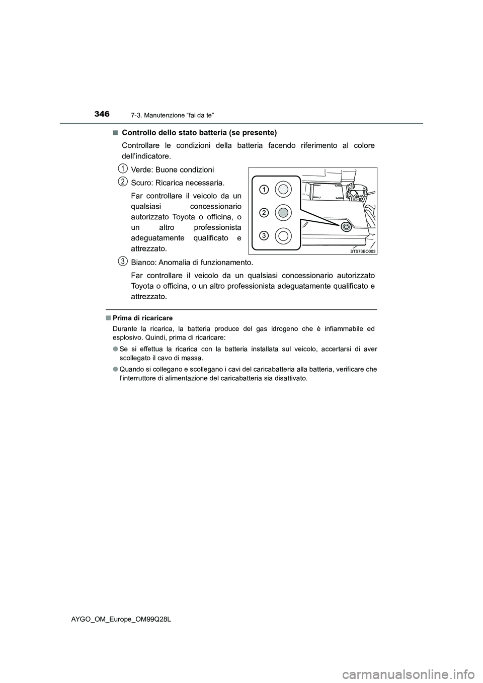 TOYOTA AYGO 2017 Manuale duso (in Italian) 3467-3. Manutenzione “fai da te”
AYGO_OM_Europe_OM99Q28L■
Controllo dello stato batteria (se presente)
Controllare le condizioni della batteria facendo riferimento al colore
dell’indicatore.
V TOYOTA AYGO 2017 Manuale duso (in Italian) 3467-3. Manutenzione “fai da te”
AYGO_OM_Europe_OM99Q28L■
Controllo dello stato batteria (se presente)
Controllare le condizioni della batteria facendo riferimento al colore
dell’indicatore.
V