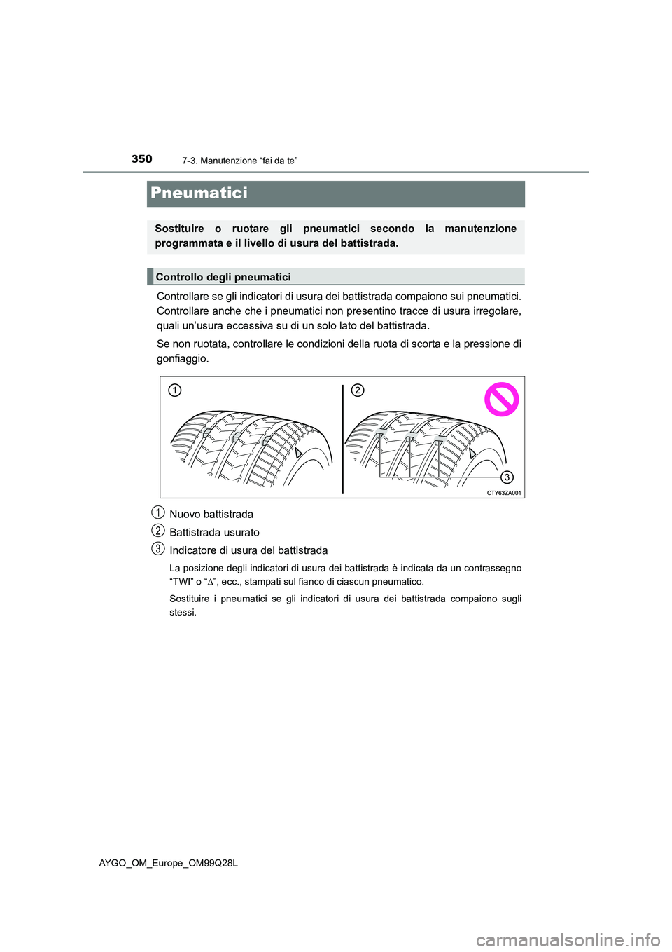 TOYOTA AYGO 2017 Manuale duso (in Italian) 3507-3. Manutenzione “fai da te”
AYGO_OM_Europe_OM99Q28L
Pneumatici
Controllare se gli indicatori di usura dei battistrada compaiono sui pneumatici.
Controllare anche che i pneumatici non presenti TOYOTA AYGO 2017 Manuale duso (in Italian) 3507-3. Manutenzione “fai da te”
AYGO_OM_Europe_OM99Q28L
Pneumatici
Controllare se gli indicatori di usura dei battistrada compaiono sui pneumatici.
Controllare anche che i pneumatici non presenti