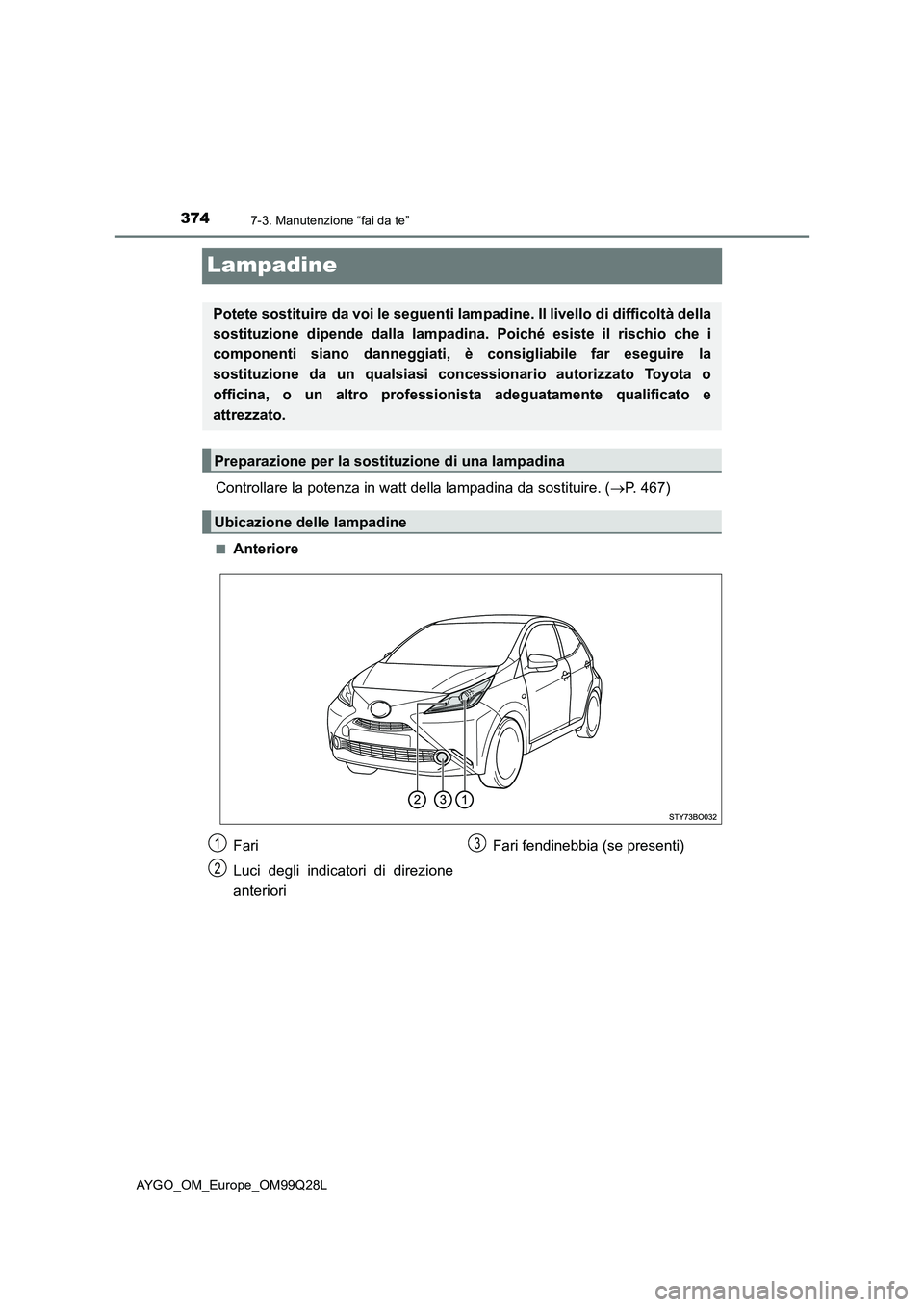 TOYOTA AYGO 2017 Manuale duso (in Italian) 3747-3. Manutenzione “fai da te”
AYGO_OM_Europe_OM99Q28L
Lampadine
Controllare la potenza in watt della lampadina da sostituire. (P. 467)
■Anteriore
Potete sostituire da voi le seguenti lampa TOYOTA AYGO 2017 Manuale duso (in Italian) 3747-3. Manutenzione “fai da te”
AYGO_OM_Europe_OM99Q28L
Lampadine
Controllare la potenza in watt della lampadina da sostituire. (P. 467)
■Anteriore
Potete sostituire da voi le seguenti lampa