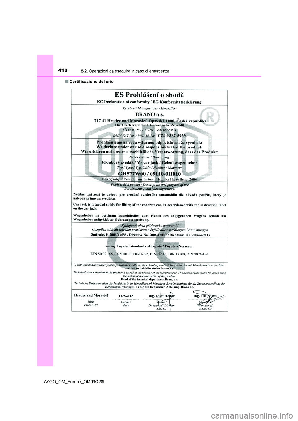 TOYOTA AYGO 2017 Manuale duso (in Italian) 4188-2. Operazioni da eseguire in caso di emergenza
AYGO_OM_Europe_OM99Q28L
■ Certificazione del cric TOYOTA AYGO 2017 Manuale duso (in Italian) 4188-2. Operazioni da eseguire in caso di emergenza
AYGO_OM_Europe_OM99Q28L
■ Certificazione del cric