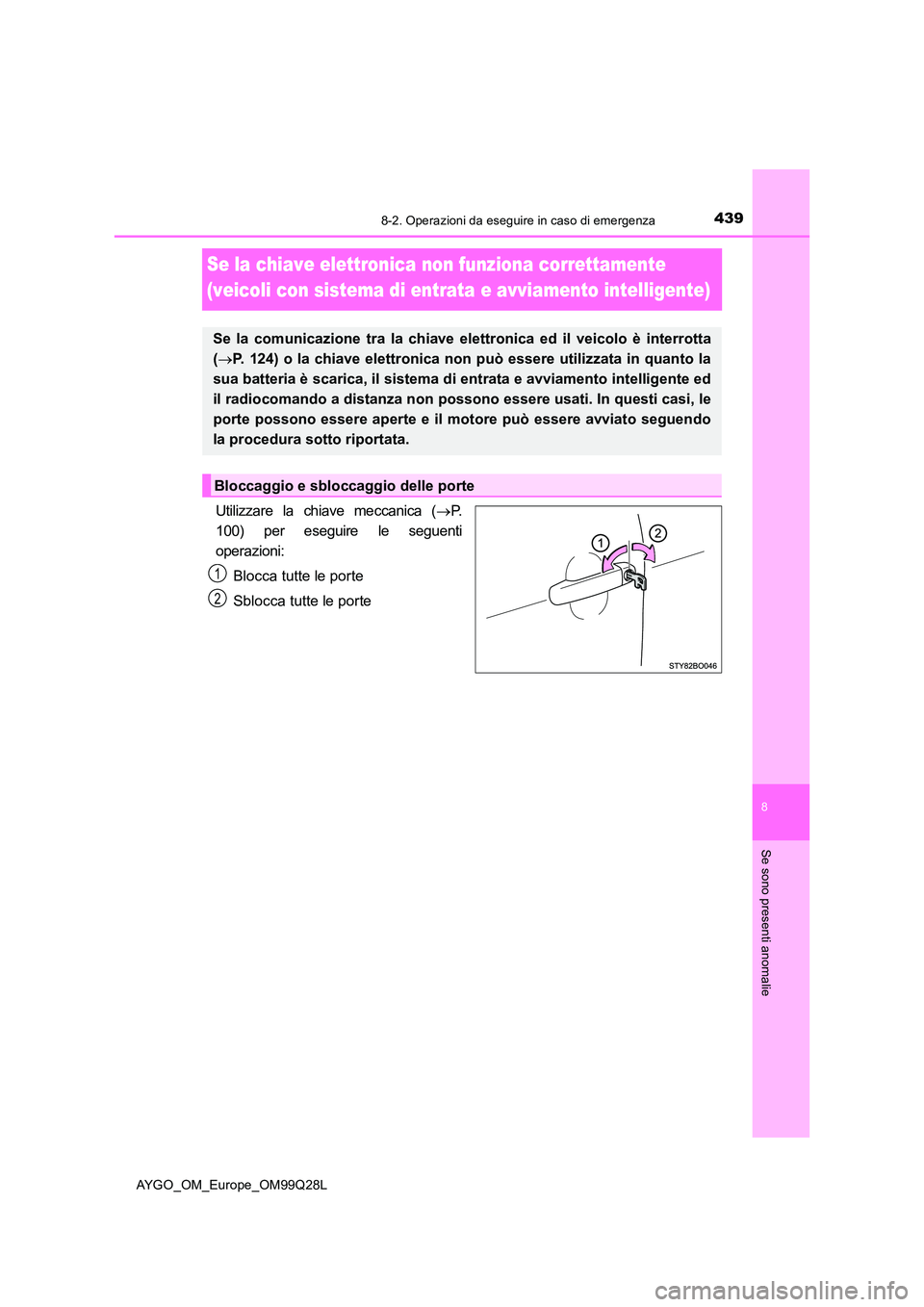 TOYOTA AYGO 2017 Manuale duso (in Italian) 4398-2. Operazioni da eseguire in caso di emergenza
8
Se sono presenti anomalie
AYGO_OM_Europe_OM99Q28L
Se la chiave elettronica non funziona correttamente
(veicoli con sistema di entrata e avviamen TOYOTA AYGO 2017 Manuale duso (in Italian) 4398-2. Operazioni da eseguire in caso di emergenza
8
Se sono presenti anomalie
AYGO_OM_Europe_OM99Q28L
Se la chiave elettronica non funziona correttamente
(veicoli con sistema di entrata e avviamen