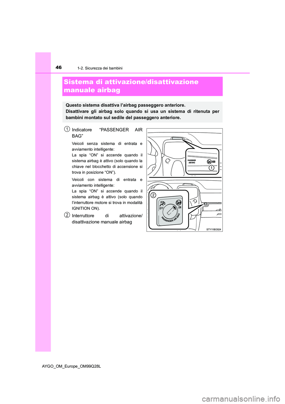 TOYOTA AYGO 2017 Manuale duso (in Italian) 461-2. Sicurezza dei bambini
AYGO_OM_Europe_OM99Q28L
Sistema di attivazione/disattivazione
manuale airbag
Indicatore “PASSENGER AIR
BAG”
Veicoli senza sistema di entrata e
avviamento intellige TOYOTA AYGO 2017 Manuale duso (in Italian) 461-2. Sicurezza dei bambini
AYGO_OM_Europe_OM99Q28L
Sistema di attivazione/disattivazione
manuale airbag
Indicatore “PASSENGER AIR
BAG”
Veicoli senza sistema di entrata e
avviamento intellige