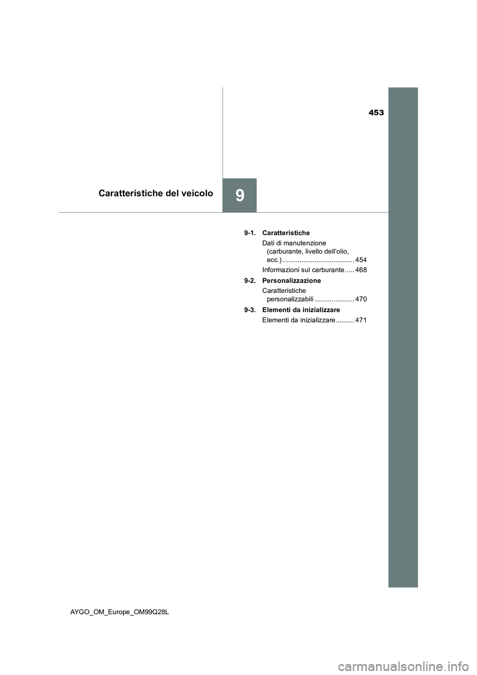 TOYOTA AYGO 2017 Manuale duso (in Italian) 453
9Caratteristiche del veicolo
AYGO_OM_Europe_OM99Q28L9-1. Caratteristiche
Dati di manutenzione
(carburante, livello dell’olio,
ecc.) ...................................... 454
Informazioni sul TOYOTA AYGO 2017 Manuale duso (in Italian) 453
9Caratteristiche del veicolo
AYGO_OM_Europe_OM99Q28L9-1. Caratteristiche
Dati di manutenzione
(carburante, livello dell’olio,
ecc.) ...................................... 454
Informazioni sul